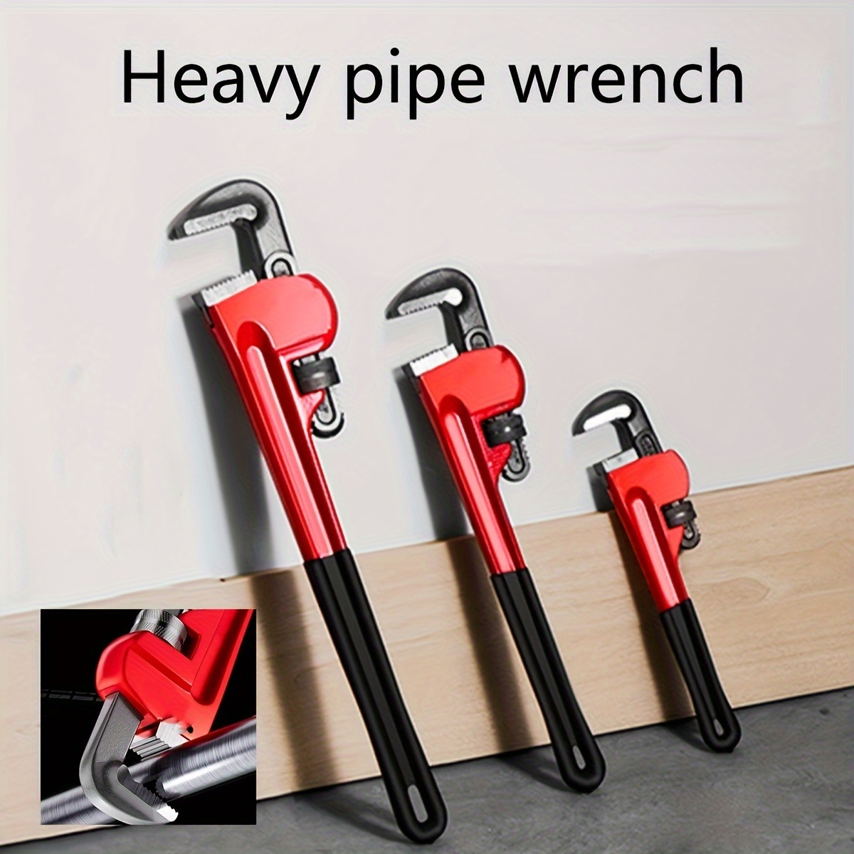 

8/10/12 Inch Heavy-duty Steel Pipe Wrench Set, Adjustable Straight Plumbing Wrench With Soft Grip Handle, Heat Treated Mechanical Operation For Household Repairs - Red