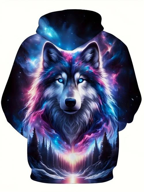 mens glittering wolf print hooded sweatshirt casual trendy long sleeve pullover as gift outdoor cloth