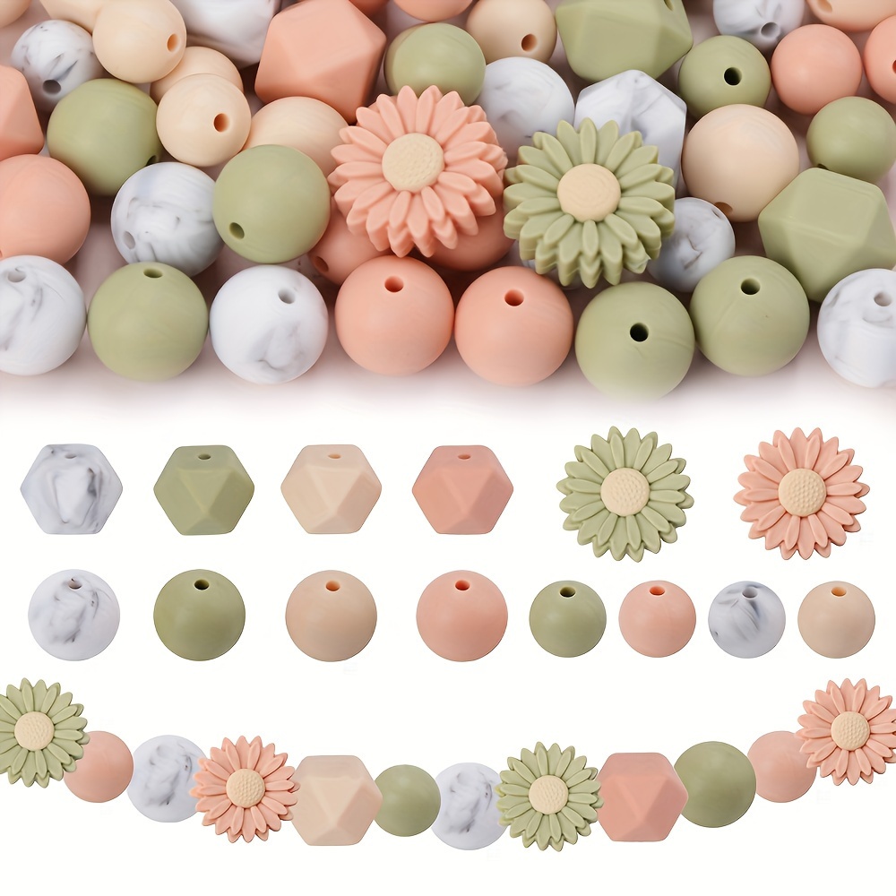 

46pcs Daisy Silicone Bead Set - Round & Hexagon Spacer Beads For , Necklaces, Bracelets, Keychains & Bag Charms