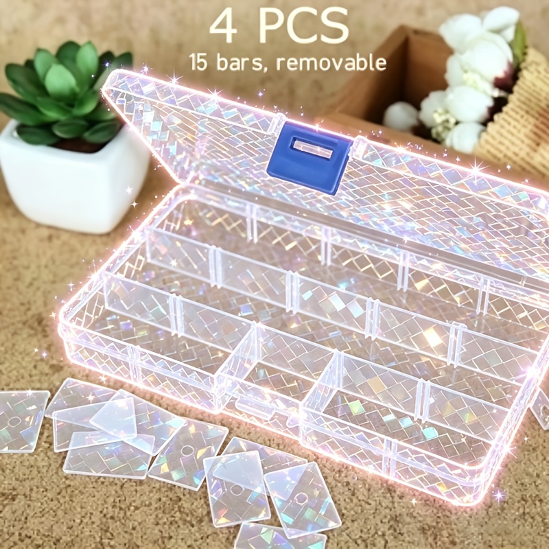 TEMU 4 Pack 15-compartment Removable Clear Storage Box With Safety Lock - Durable Plastic Organizer Case For Jewelry, Cosmetics, Sewing Supplies,