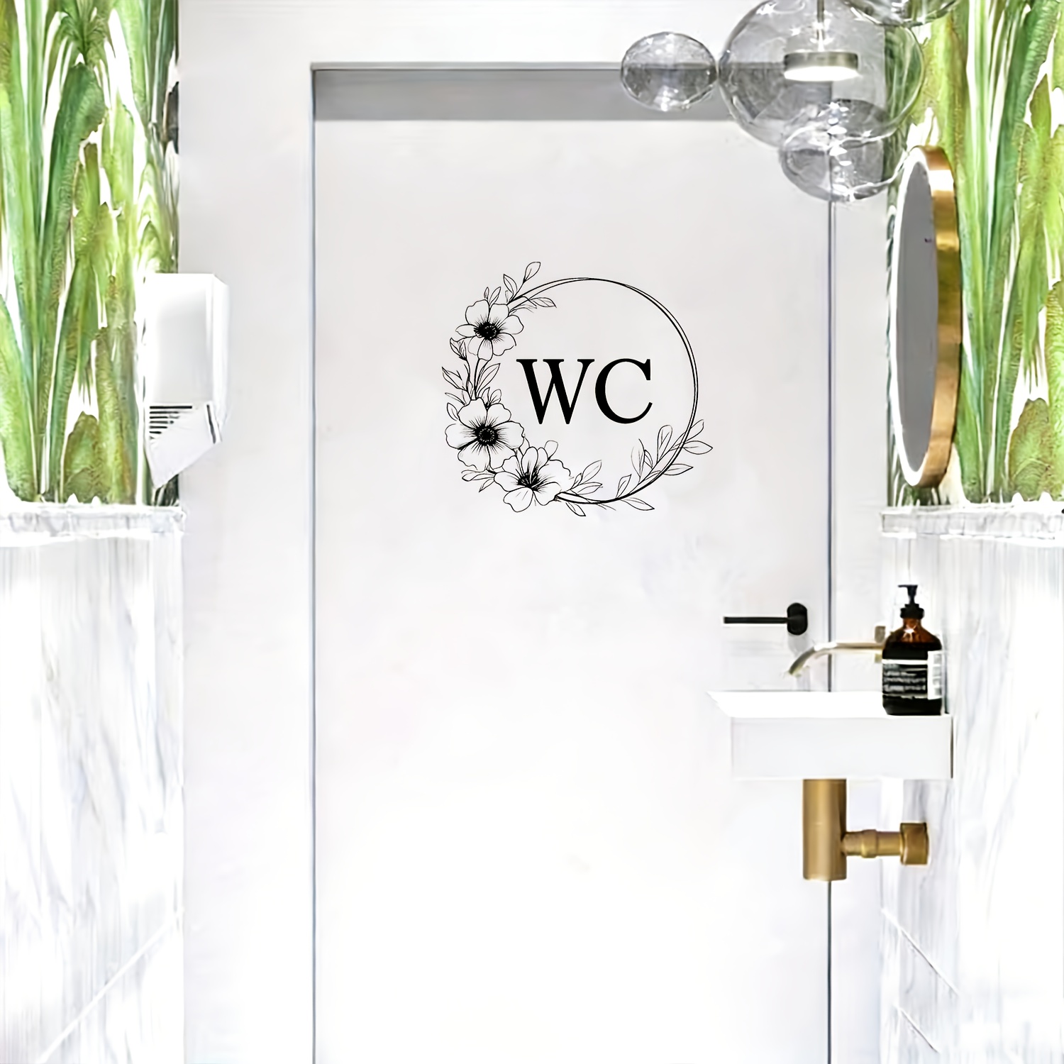 Image of Vintage Floral Wreath Wc Sign Wall Sticker, Bathroom Door Decorative Sticker, Nordic Style Toilet Door Sign Creative Decal, Self-adhesive And Removable, High-quality Printing.