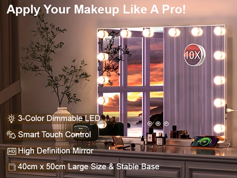 holiday gift     23 6x20 5in 17 dimmable led lights lighted makeup   3 colour lighting   dresser   dual base design usb table   wall   white   mothers day local warehouse Product details 0