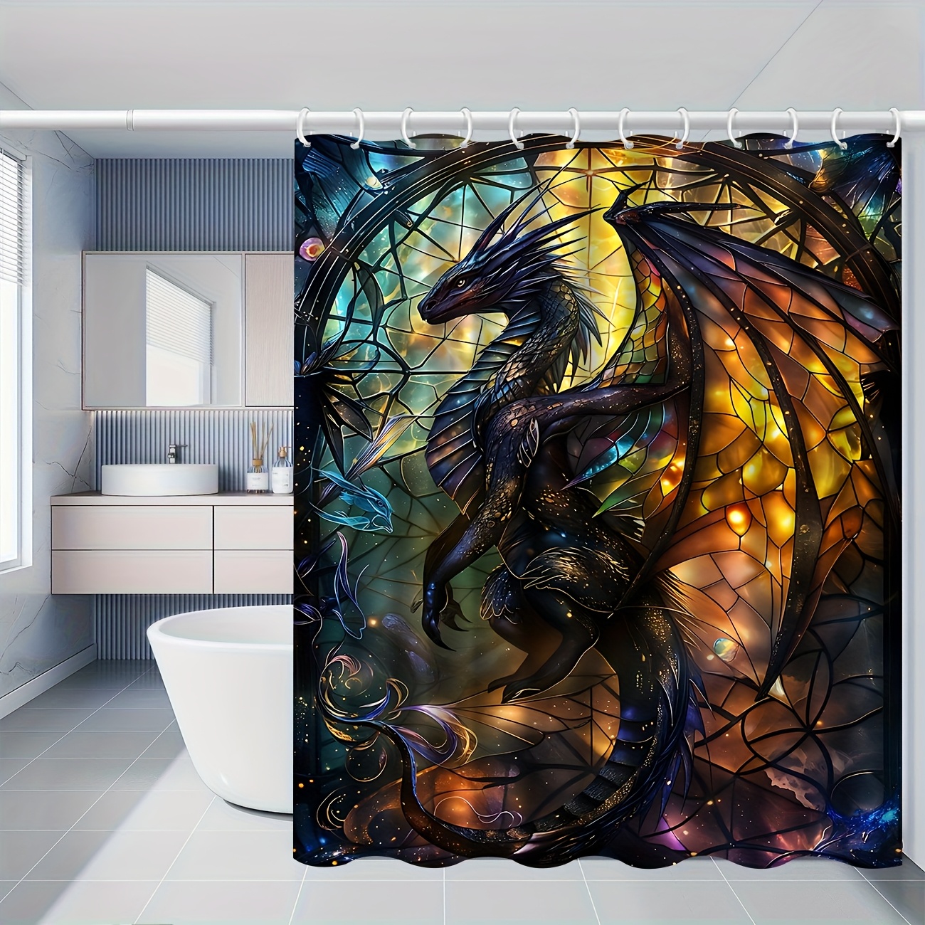 TEMU Jit1pcs Glass Flying Dragon Pattern Printed Shower Curtain, High-end Elegant And Convenient Installation Bathroom Curtain, Suitable For Home