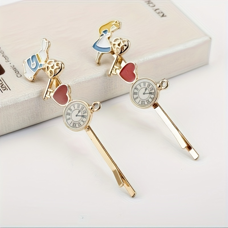 

1pc Cute Clock Shaped Hairpin Decorated With Red Heart Pattern Women Girls Hair Accessories