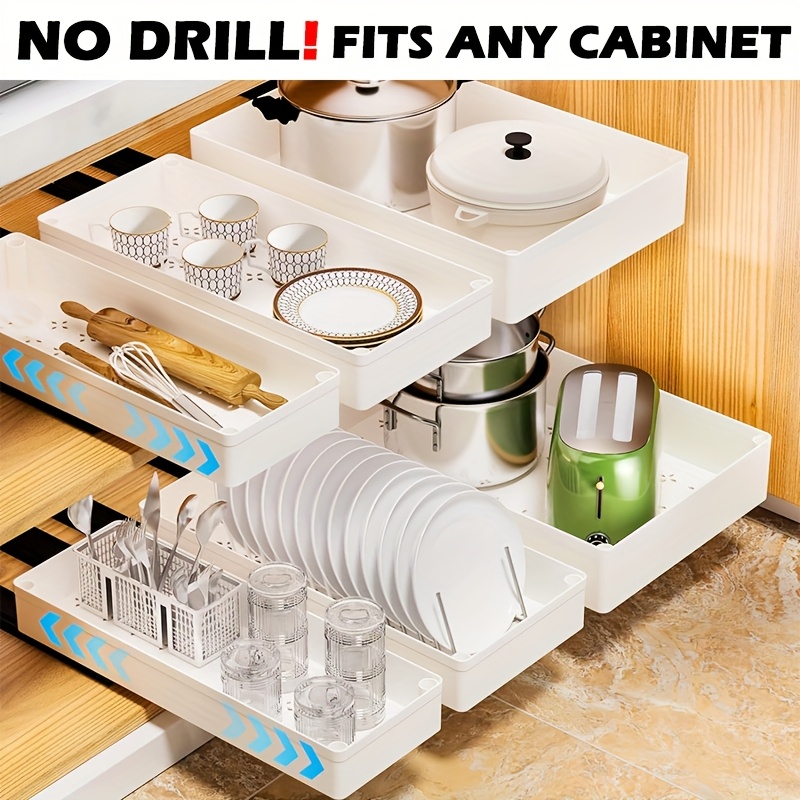 Pull-Out Organizer| Multi-Compartment Kitchen Organizer Rack No Drilling  Required, Plastic Pull-Out Cabinet Storage with Utensil Holder, Plate Bow