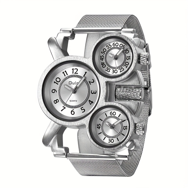 TEMU Men's Sporty Mesh Steel Watch With Triple - Quartz Movement, Non-rechargeable Battery