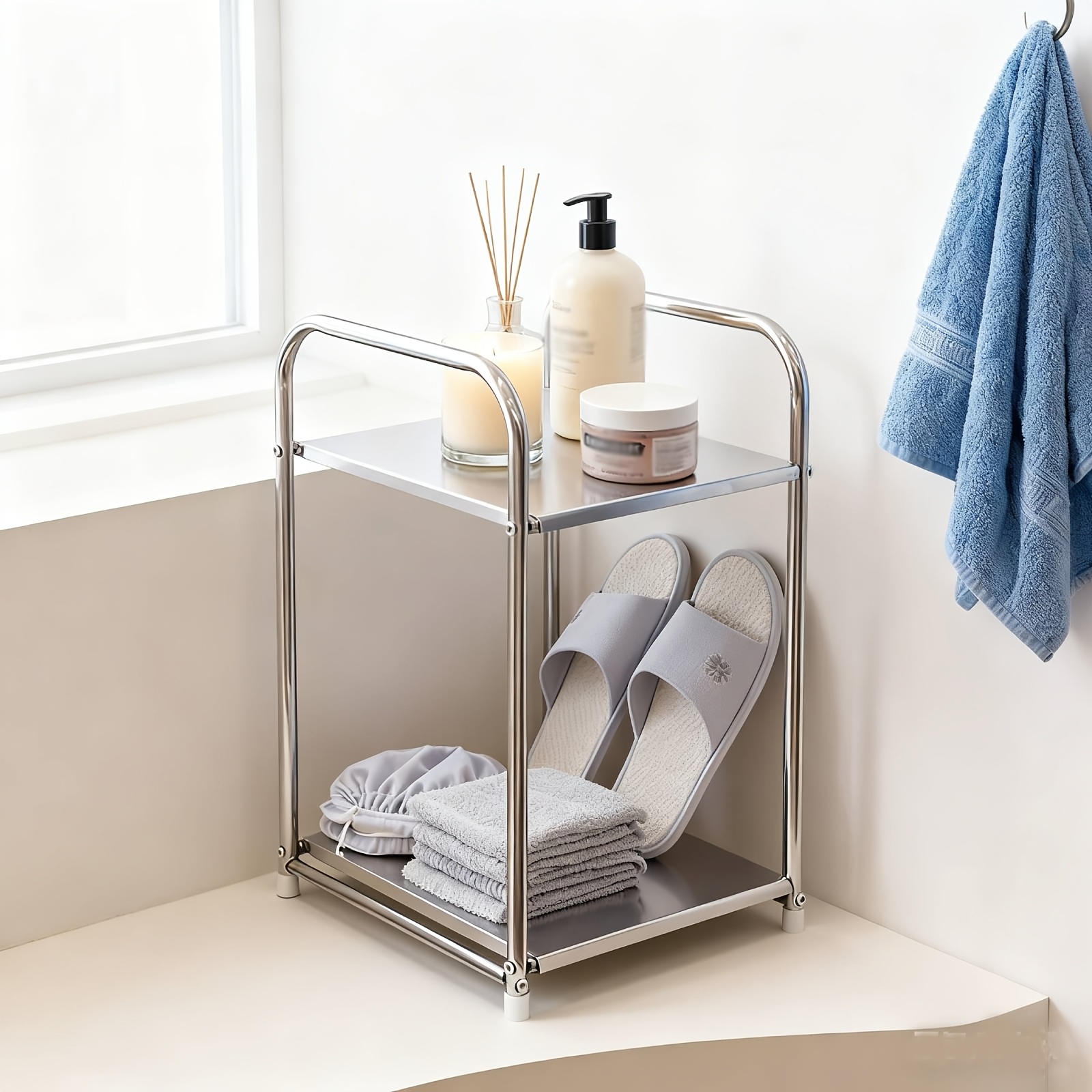 TEMU Étagère de Cosmétique à 2 niveaux Fdit en acier inoxydable | Acier inoxydable 210 , polyvalente pour cuisine, salle de bain, chambre à coucher,