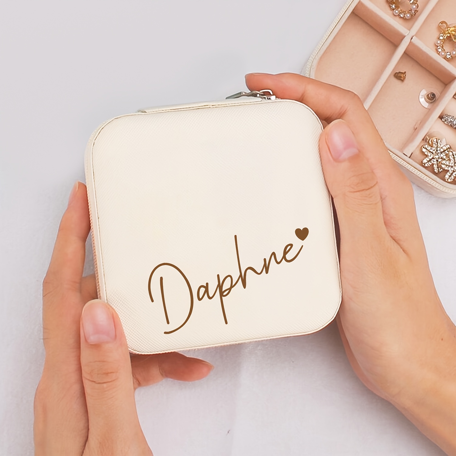 TEMU Personalized Name With Heart Jewelry Box Custom Beige Jewelry Boxes Bridesmaid Jewelry Box Travel Jewelry Case Gift For Her Couple Gift Custom