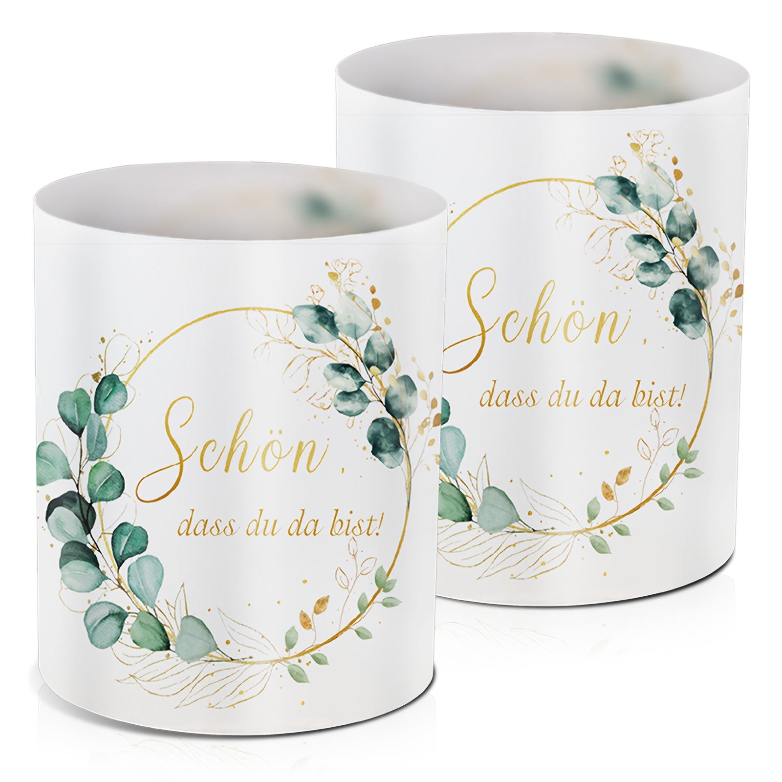 6pcs Candle Shades With Green Eucalyptus Leaf Pattern And Golden Printed Words "", Suitable For Table Decoration , Birthdays, Baptisms And Celebrations