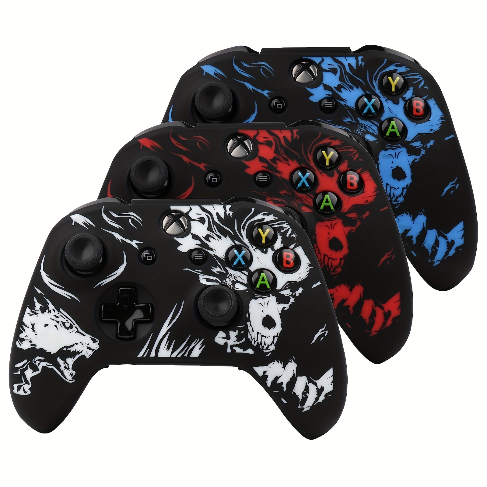 

Ralan /x Controller Skin - Soft Silicone Protective Case With Wolf & Designs, -resistant, Includes Joystick Caps - Black With Blue, Red, Gray Accents