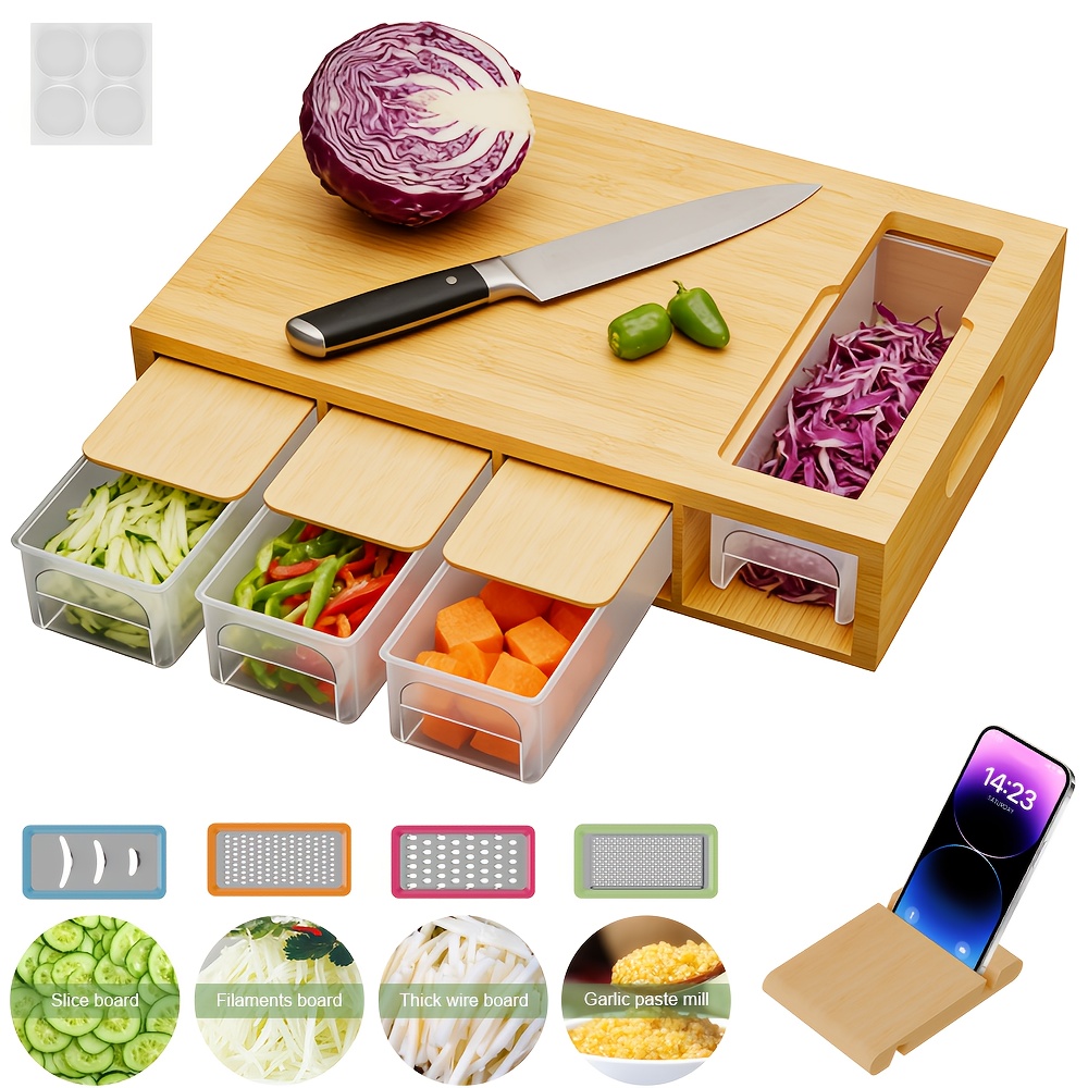 bamboo chopping board wooden cutting board with food container storage box and juice tank suitable for vegetables cheese and meat type wooden cutting board   area   with easy handgrip   4 storage boxes   stand
