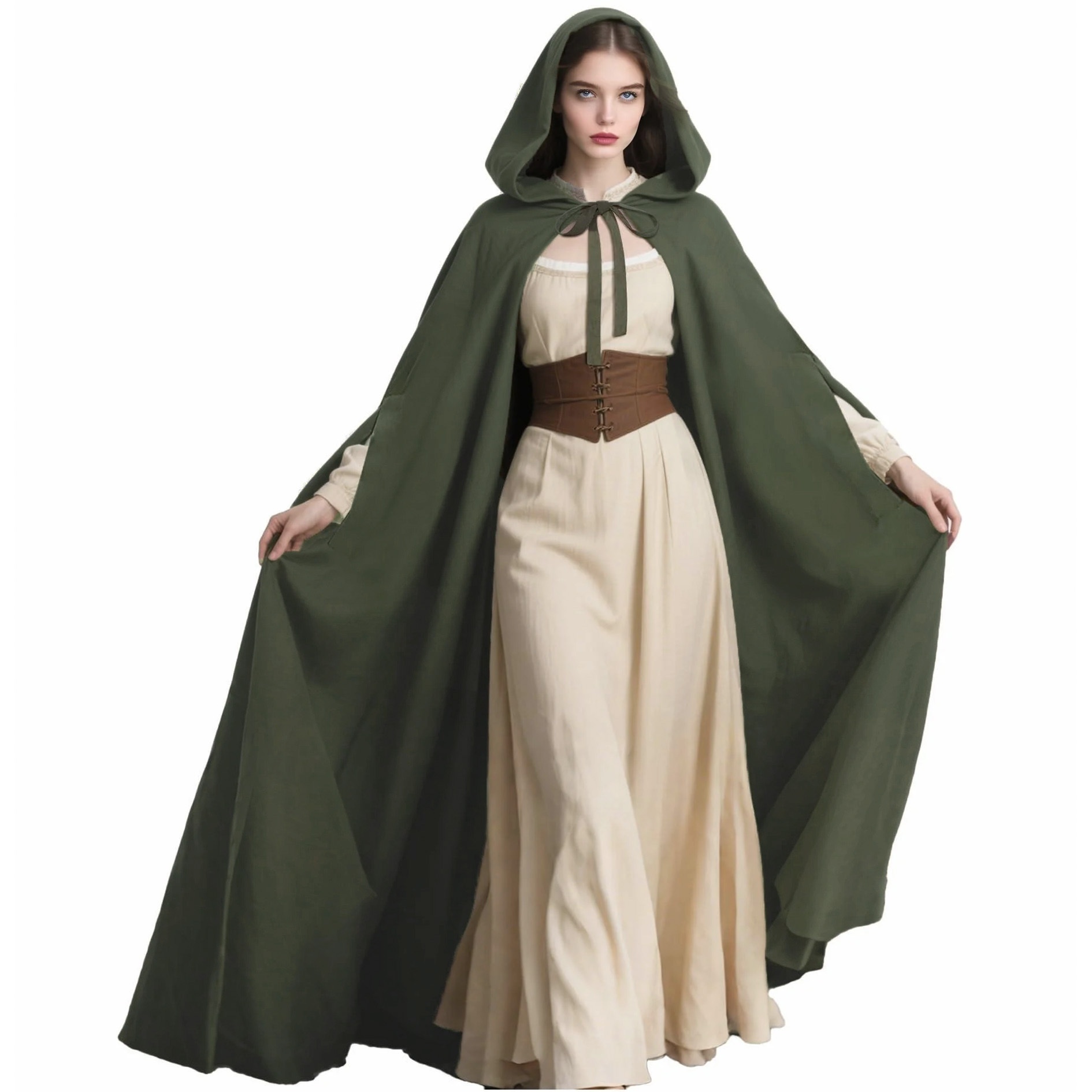 Mittelalter Umhang Damen Mit Kapuze – Renaissance Umhang Mit Blatt-Brosche, Für Cosplay & Halloween