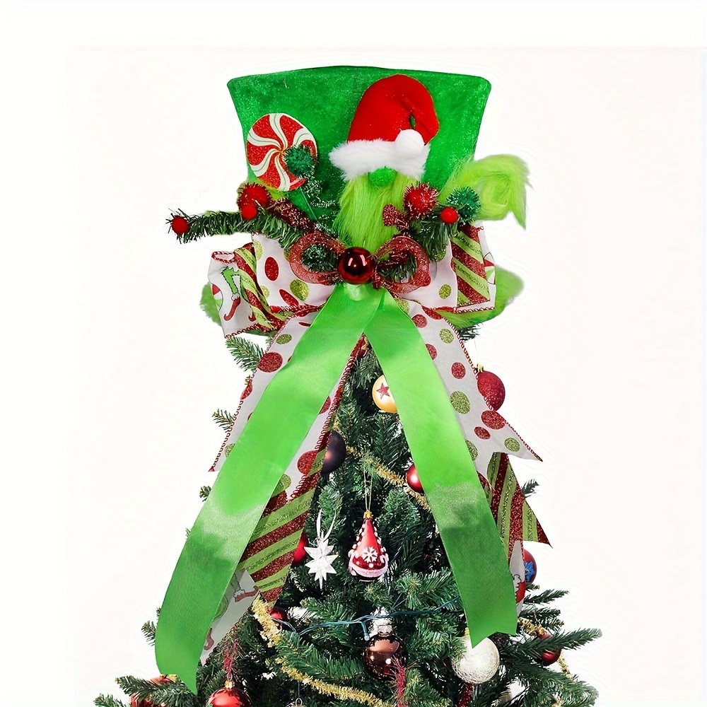 

Festive Christmas Tree Topper: Large Green Velvet Hat With Extended Bow, Perfect For Holiday Home Decor