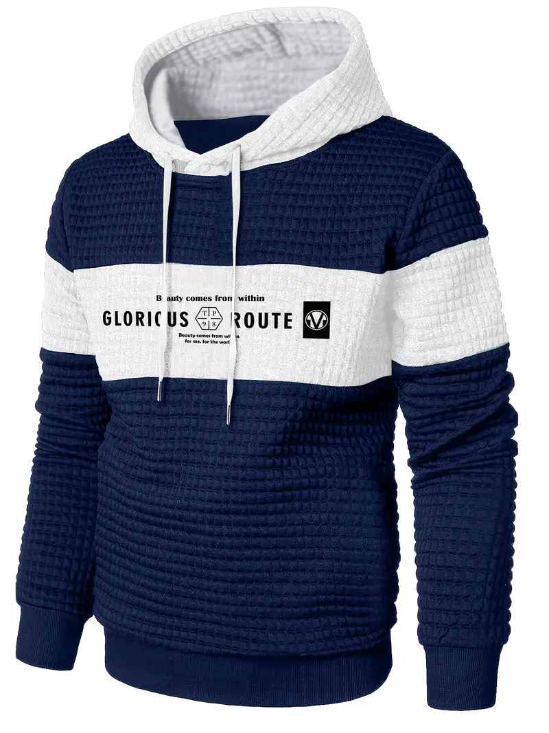 Men's Navy Blue and White Color Block Hoodie -