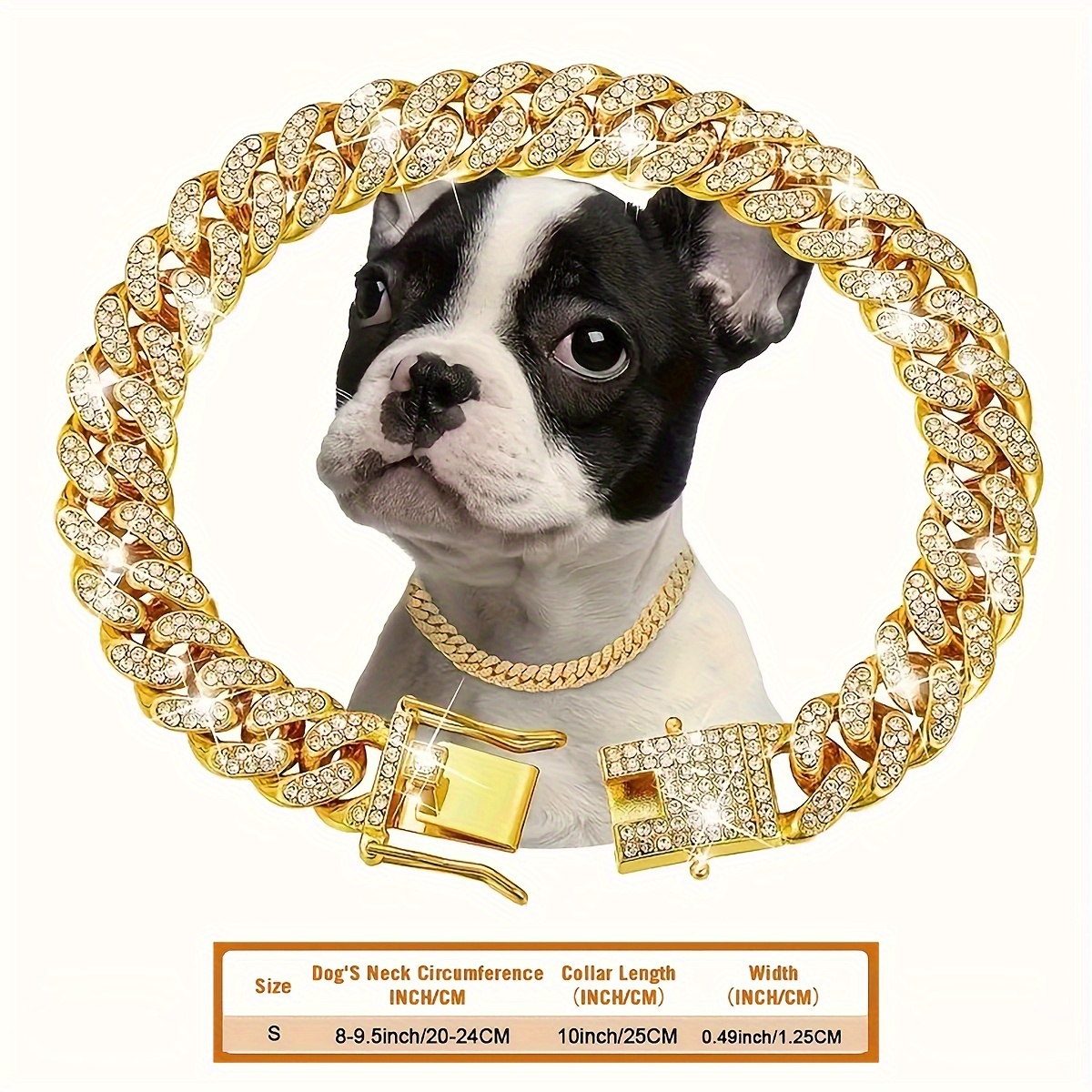 E-shop Luxuriöses Halsband aus Eisenlegierung für Hunde, 13mm Breite Kubanische Gliederkette mit Strasssteinen, Verstellbare Metall-Kettenhalskette