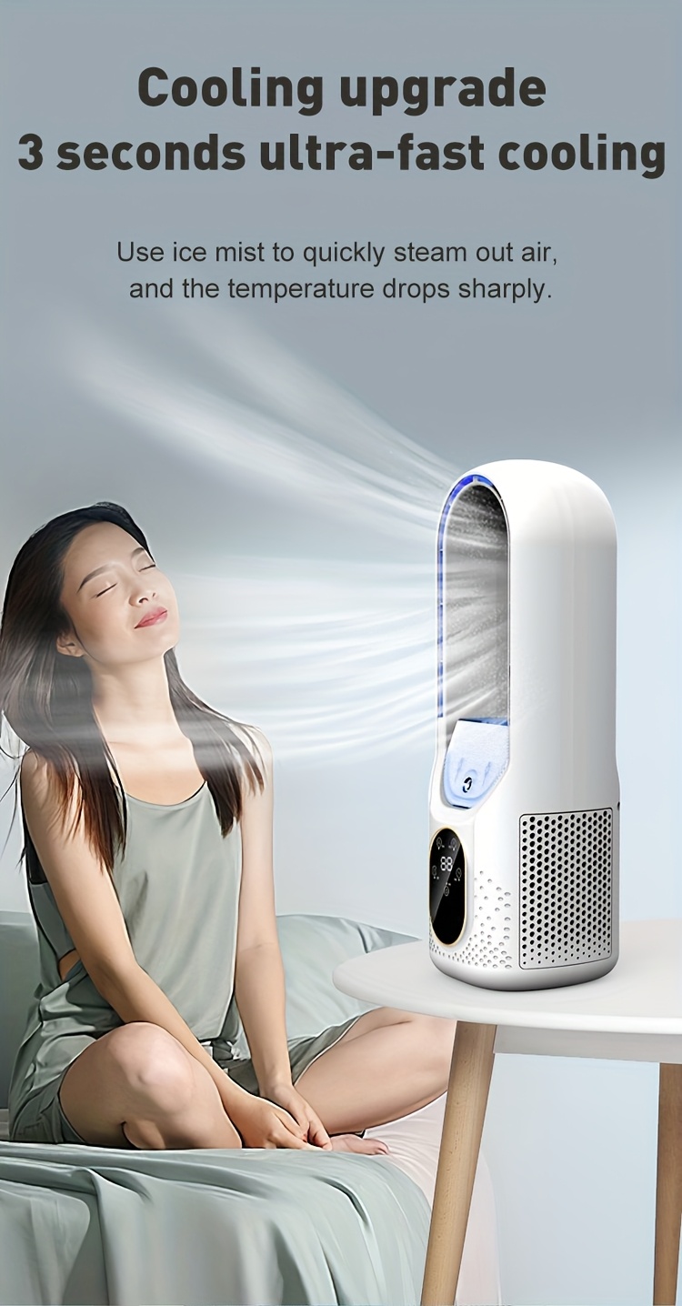 Multifunctional Bladeless Fan with Ice Mist Cooling, Fast Cooling, Automatic Timer, Wide-Angle Airflow, Brings a Comfortable Personal Experience, Personal Air Cooler | Bladeless Air Conditioner | Double-Layer Structure, Portable Cooling Fan
