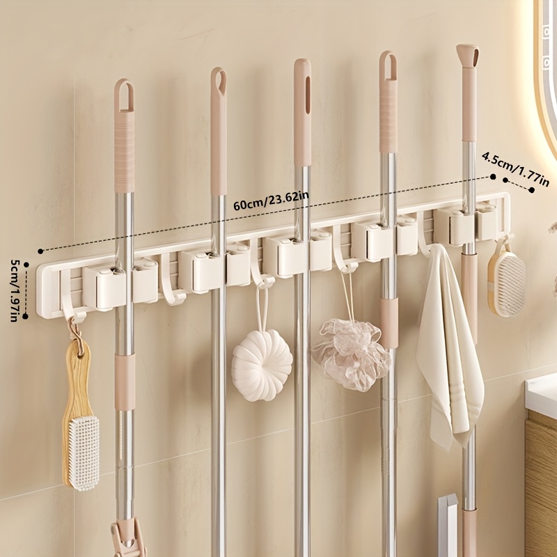 TEMU Heavy-duty Metal Wall-mounted Mop And Broom Holder With Removable Hooks Space-saving Storage Rack For Home, Kitchen, Garden, Laundry Room, And