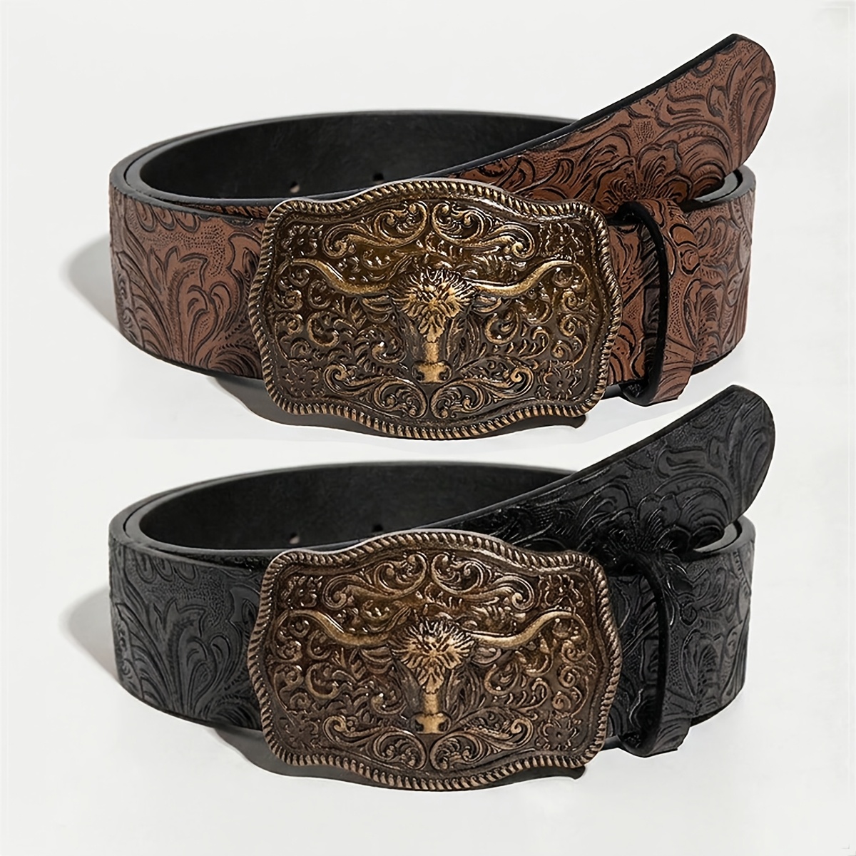 TEMU Lot de 2 ceintures décoratives style western avec grande boucle tête de , tête de gaufrée vintage en PU marron