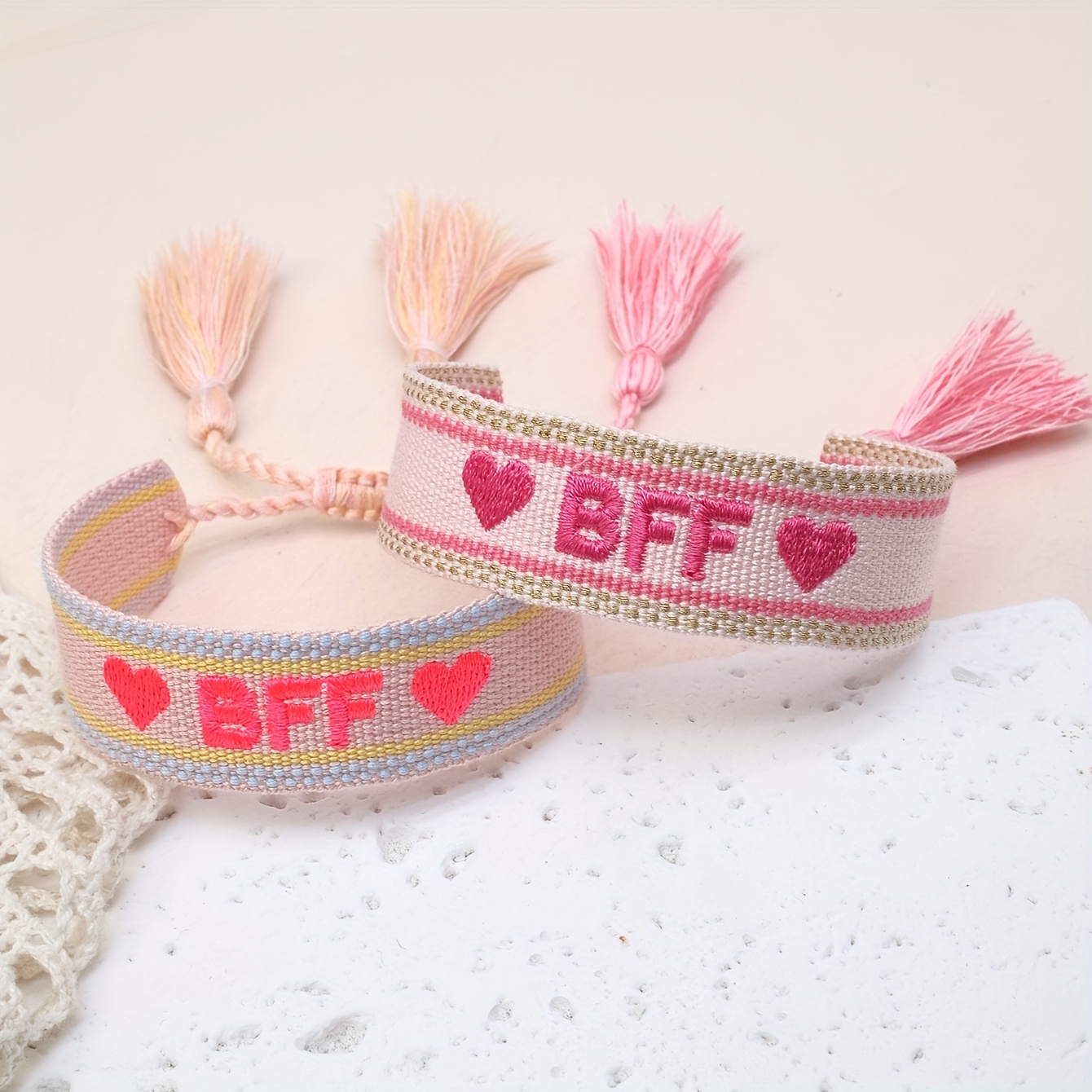 A Set Of 2 Bff Friendship Bracelets Featuring With Heart-shaped Letters, Perfect For Casual Boho Style, Suitable For ' Festivals, Parties, Travel, And Weddings