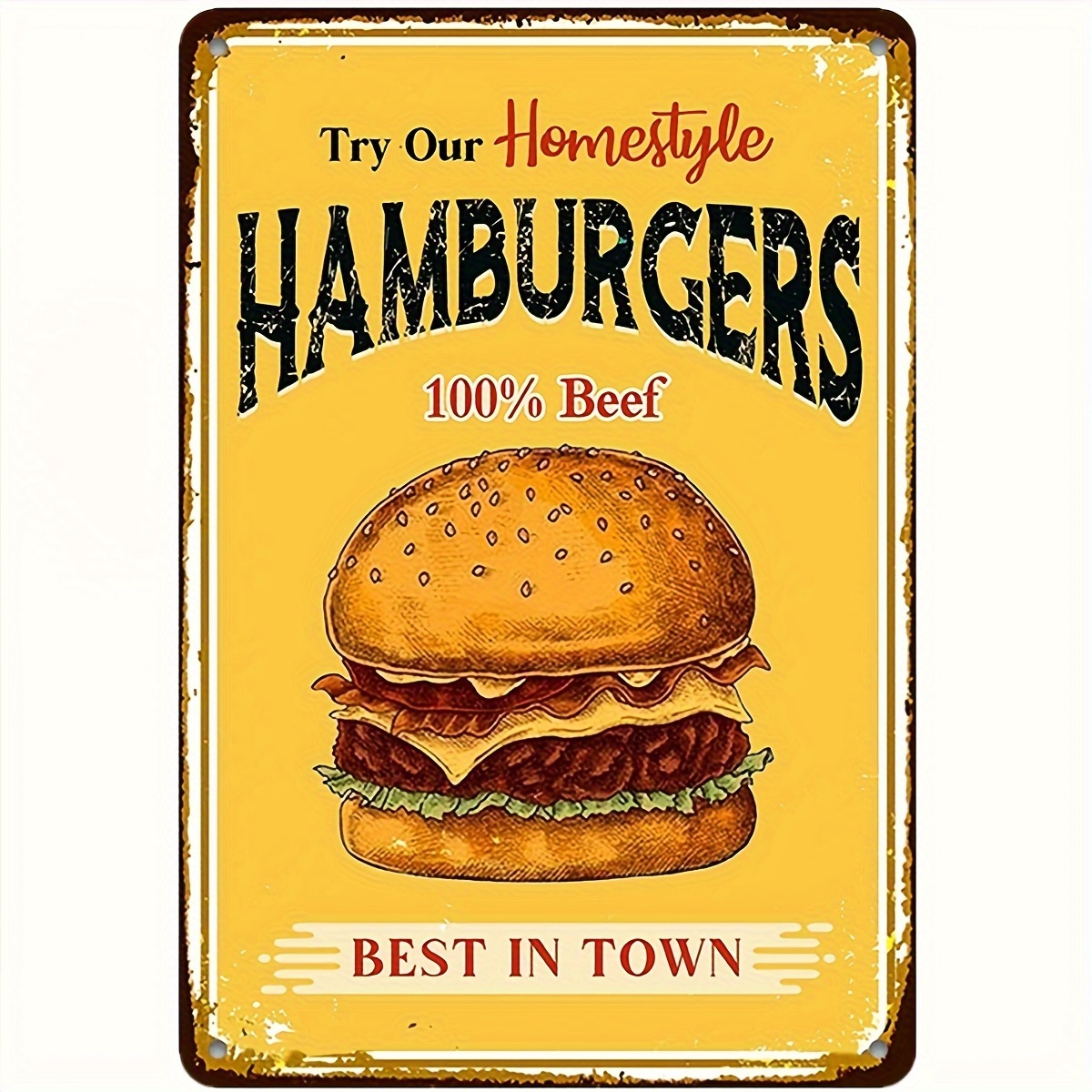 

Hamburgers Tin Sign, Try Our Homestyle Hamburgers Best In Town Vintage Metal Tin Sign For Men Women, Wall Decor For Bars, Restaurants, Cafes Pubs, 12x8 Inch
