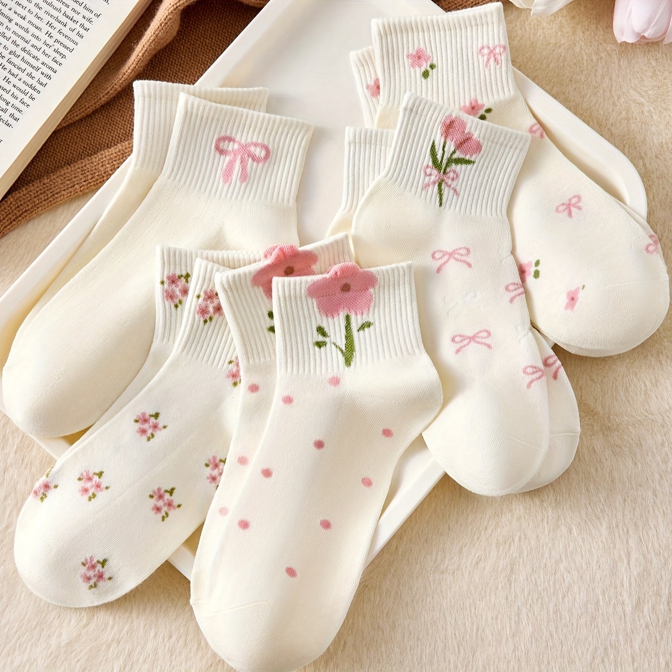 E-shop 5 Paar Blumen Schmetterling Print Kurze Socken - Weiß Rosa Gerippte Elastische Tasche Atmungsaktiv Frühling Sommer Freizeit Socken,