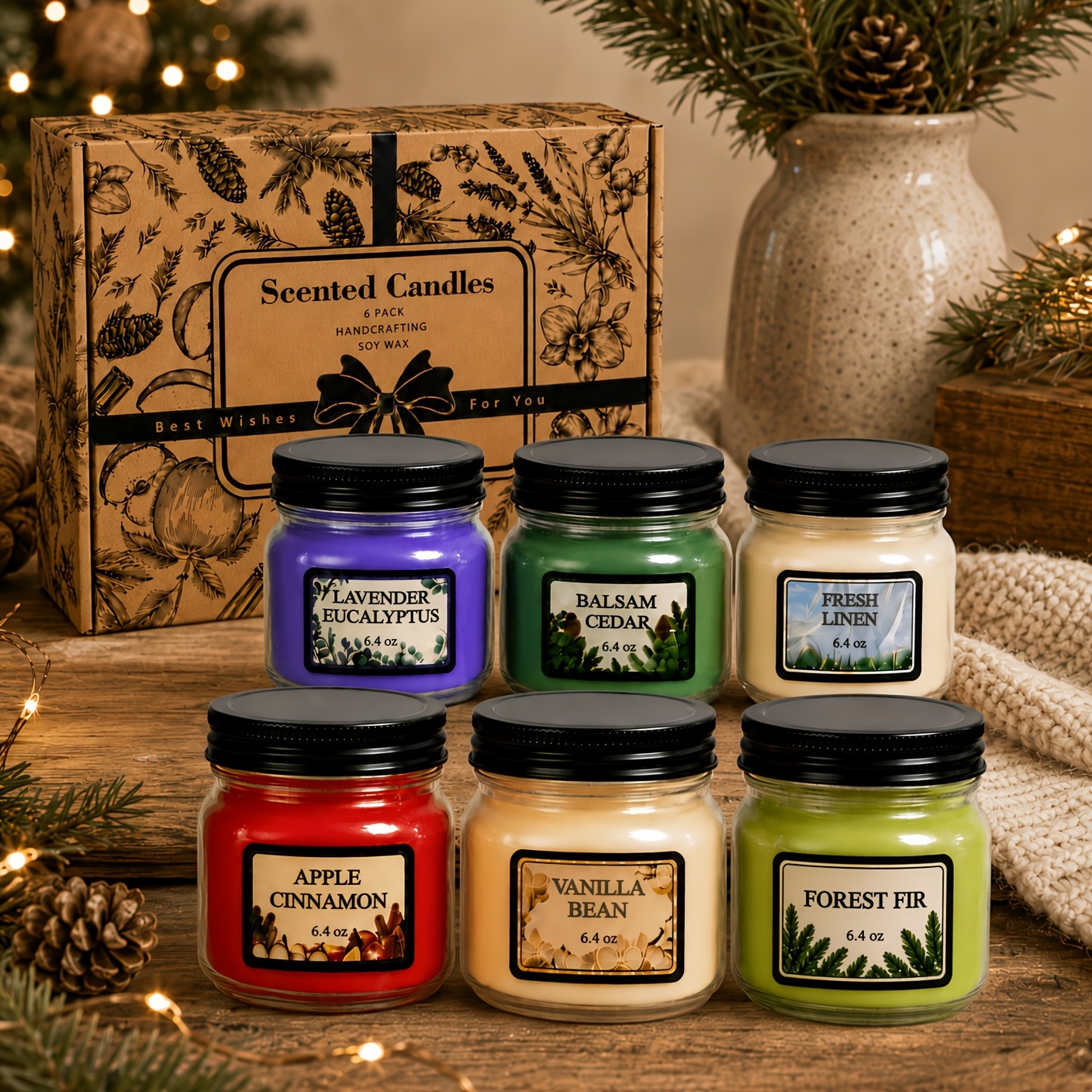 TEMU 6 Pack Scented Candles Gift Set, 6.4 Oz Soy Wax Jar Candles For Home, Up To 40 Hours, 6 Scents , Cedar, , Cinnamon, & Fir, Fall Winter For Home