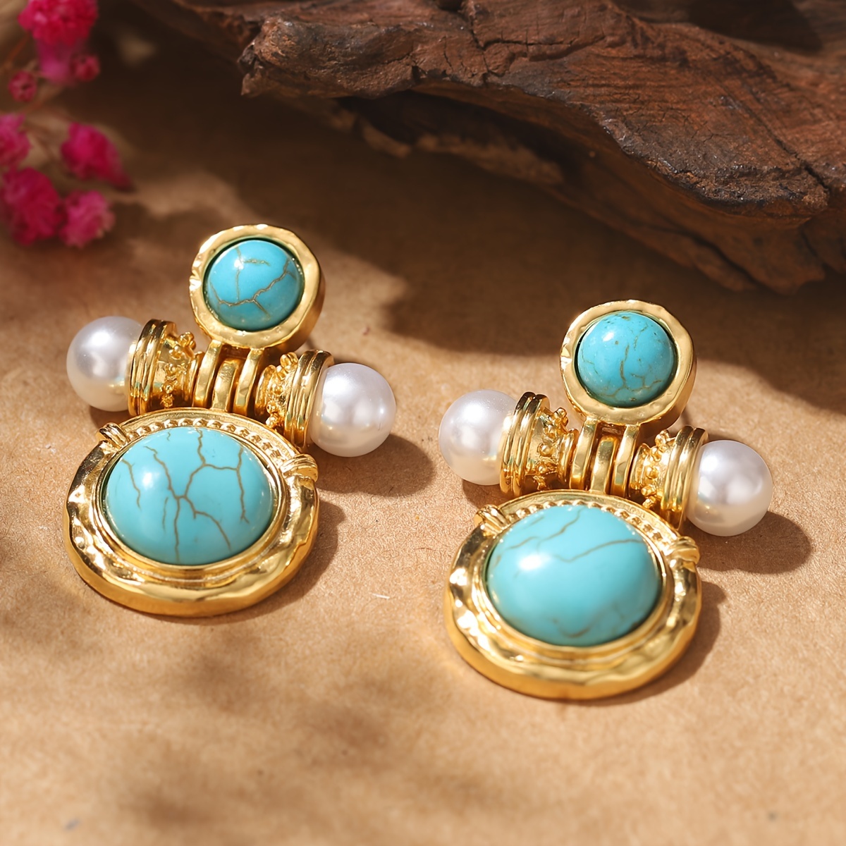 

Vintage Boho Turquoise Pearl Earrings: Plated, Alloy Base, Silver Earwires, Suitable For Daily Wear And Parties