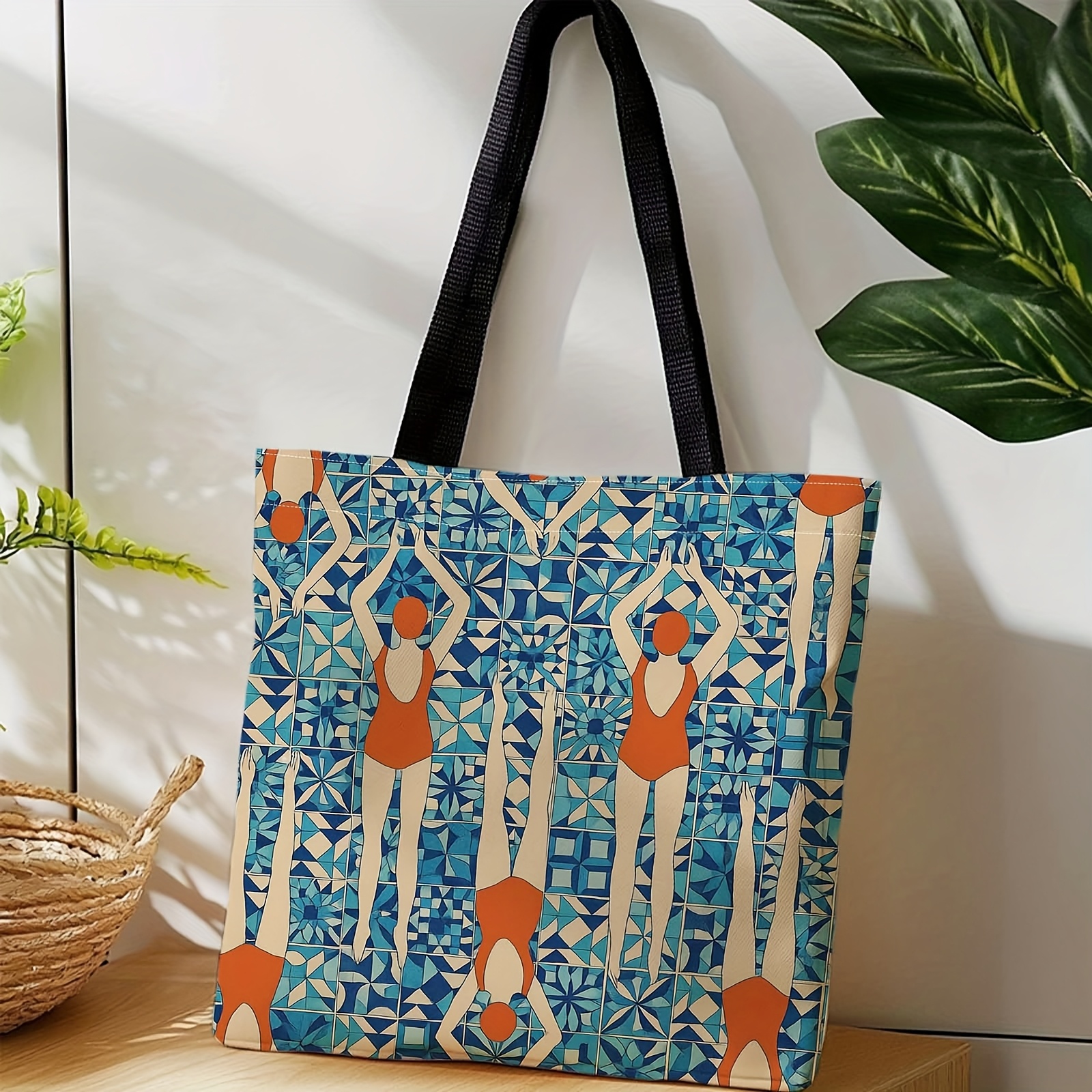 TEMU Shopper Bag,shopping Portable Shoulder Back Hand-held Canvas Bag,swimming Retro Print, Swimmers, Blue Background,suitable For Travel, Cosmetics,