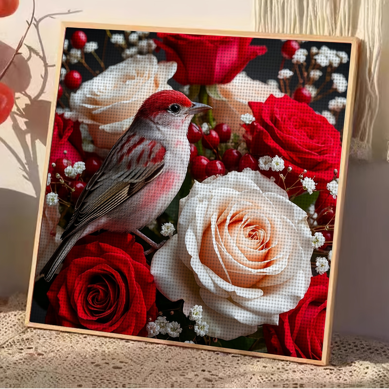 Cross-Stitch Embroidery Kit, "Bird on Flower Bouquet" Pattern for Beginners