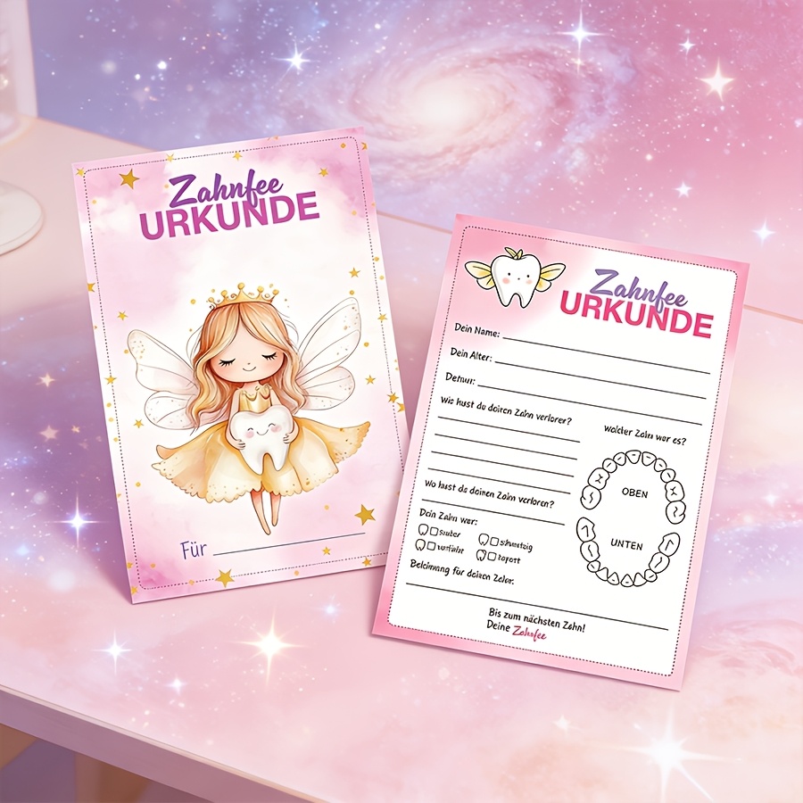 Image of 12 Invitation Cards Featuring A Cute Pink Cartoon Style Fairy Certificate For Lost Teeth, ' '. Cards Commemorate Of Losing A Tooth