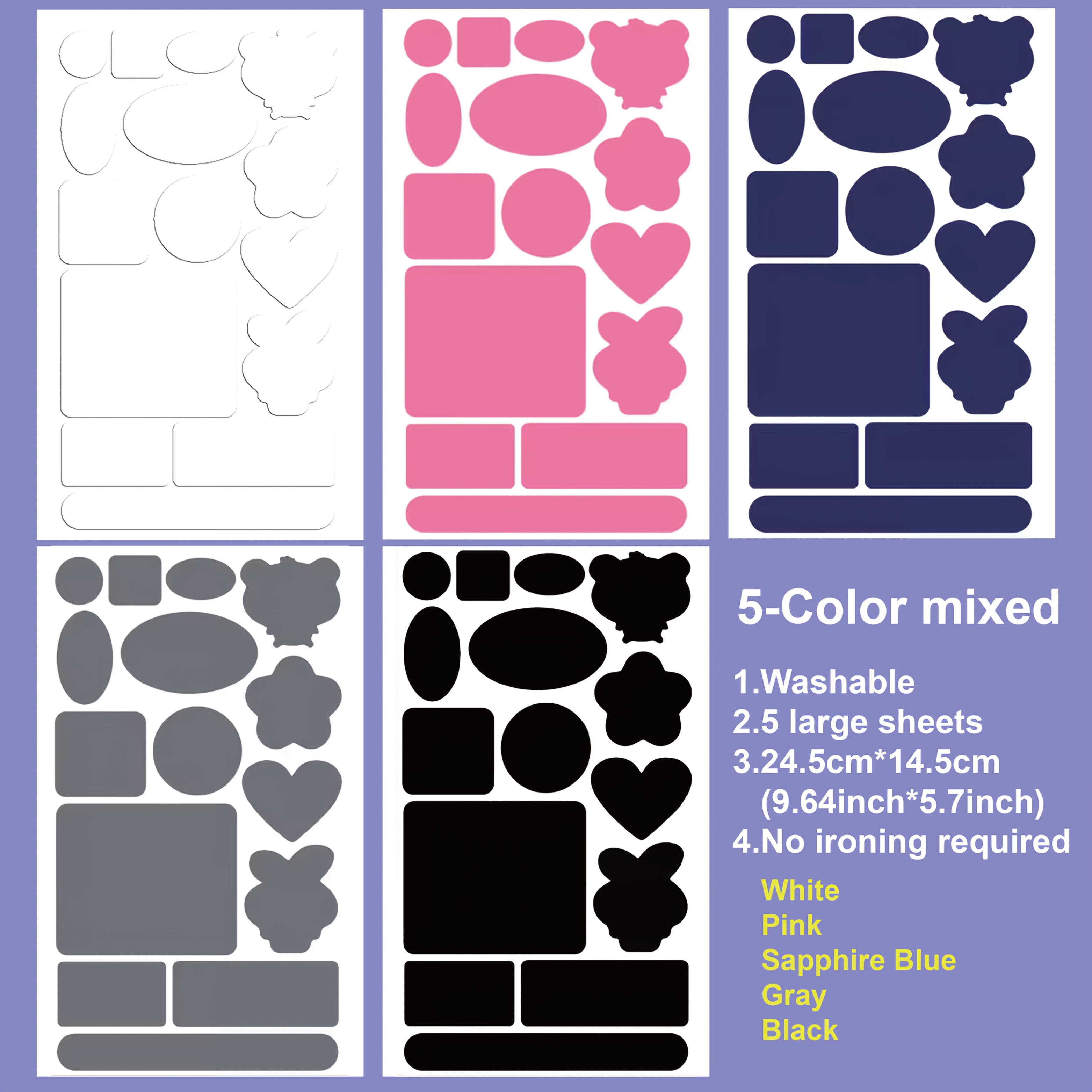 TEMU 5-pack (75 Designs) Self-adhesive Patch Stickers For Clothing Repair – No Ironing Needed, Washable, Includes Heart & Flower Shapes, For Jackets,