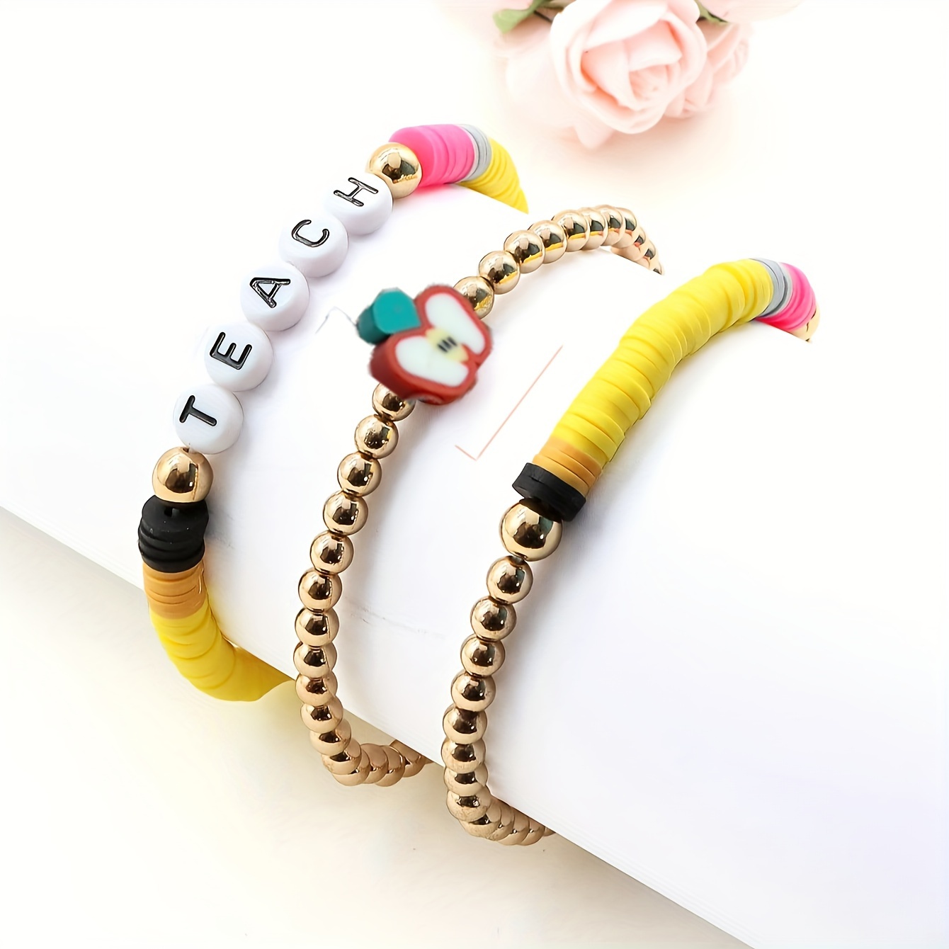 

3 Pcs Set Of Fashionable Beaded Soft Clay Bracelets With The Word 'teach' - Perfect Gift For Teachers On Teacher's Day, Graduation, Or Back To School Season