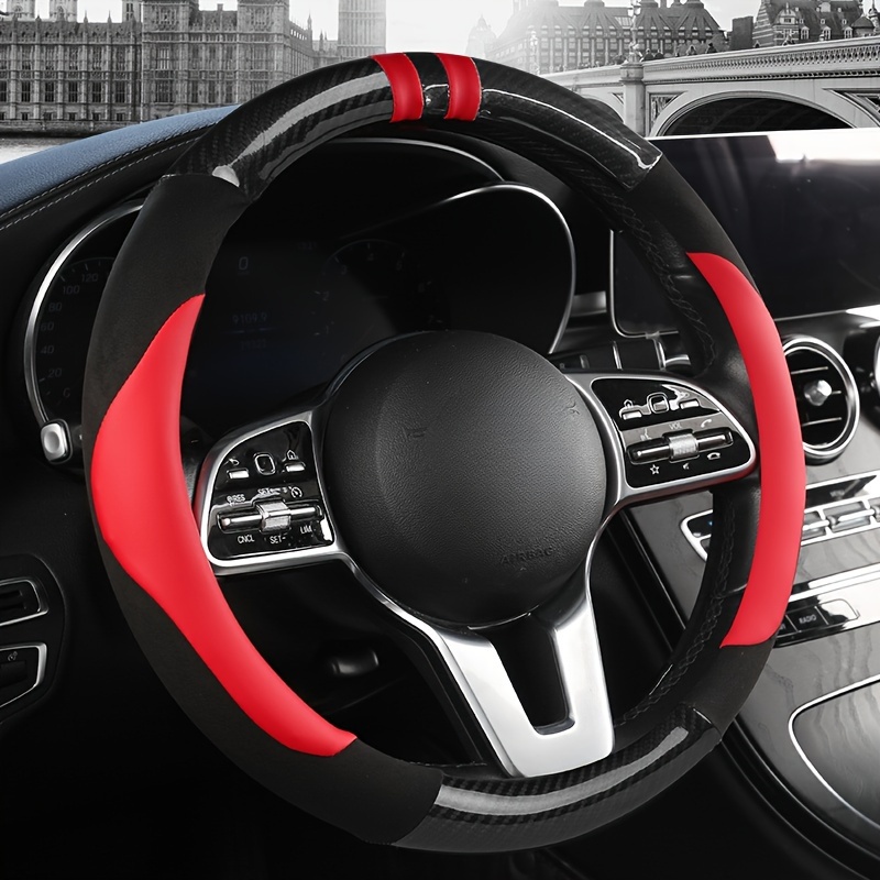 

Universal Pu Leather Steering Wheel Cover With Inner Circle - Carbon Fiber Pattern, Non-slip Grip, Sporty Design For All-season Use Auto Accessories