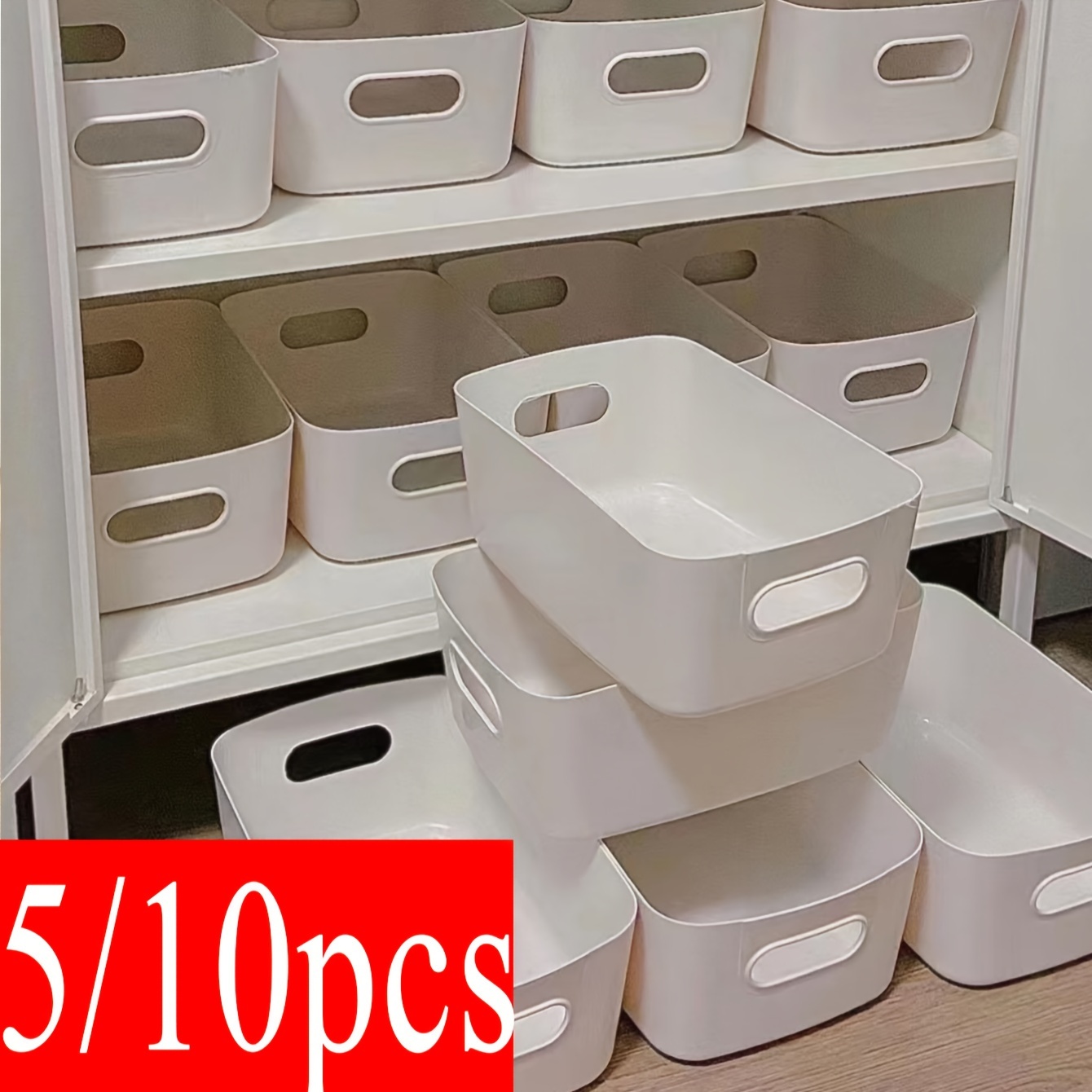 

5/10pcs White Plastic Storage Bins, Rectangular Countertop Organizer Baskets, Polished , Portable, Weather-resistant, No Electricity Needed For Kitchen, Cosmetics, And Miscellaneous Items