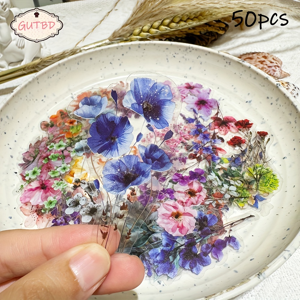 Image of 50pcs Gutbd Transparent Flower Stickers Set, Pet Cartoon Floral Decals For Journals, Laptops & Luggage, Self-adhesive & Reusable, Glass Surface Friendly, - Creative Decoration Kit