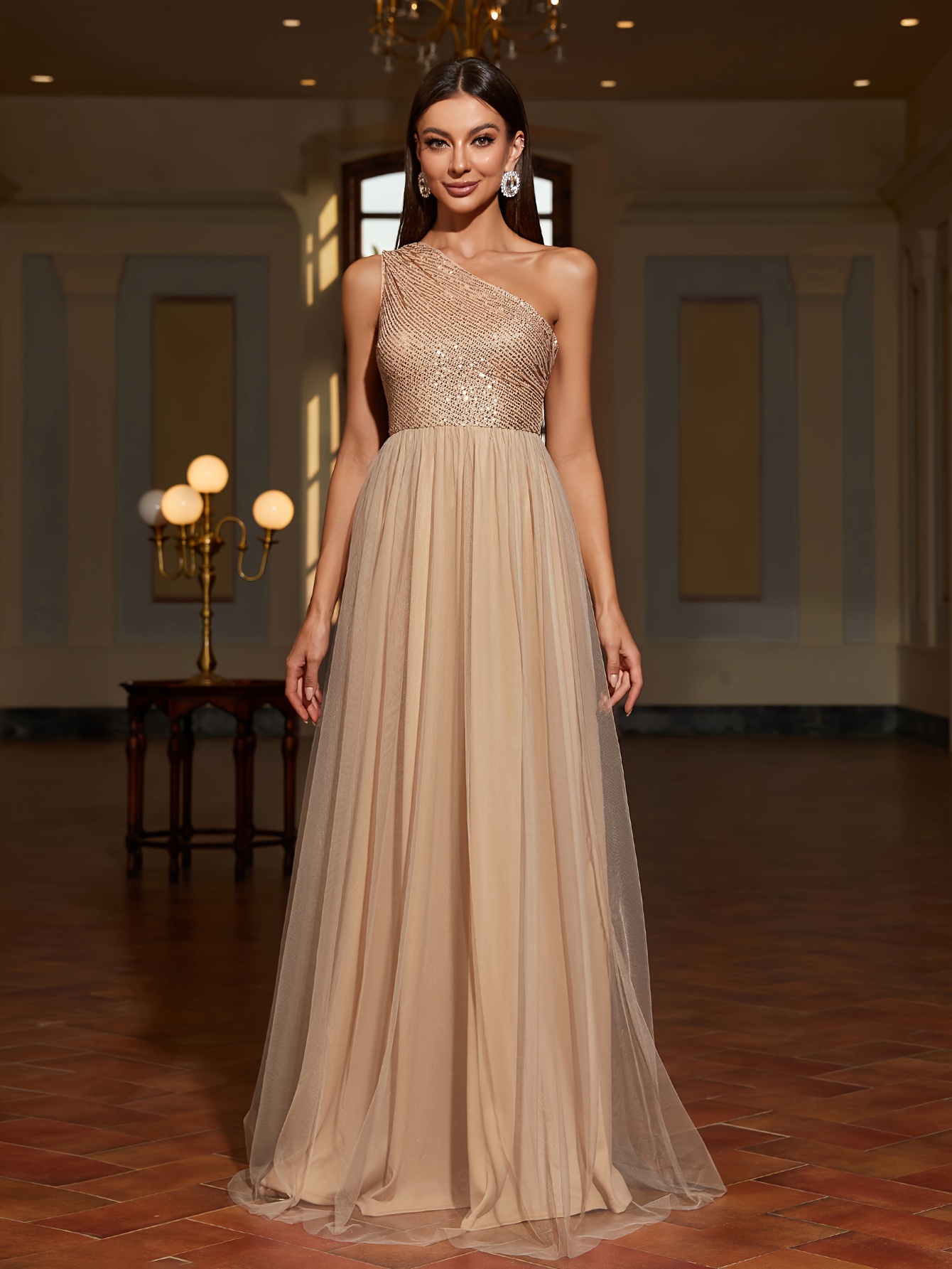 Beige Sequin Bridesmaid Dress Elegant Off-Shoulder Sequin Maxi