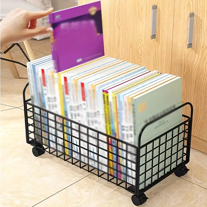durable metal bookshelf with storage basket and wheels stackable space saving organizer for office living room classroom or reception black white 38 0cm x 24 0cm x 21 01cm suitable for easy to assemble classroom storage stackable design metal structure bookcase Product details 0