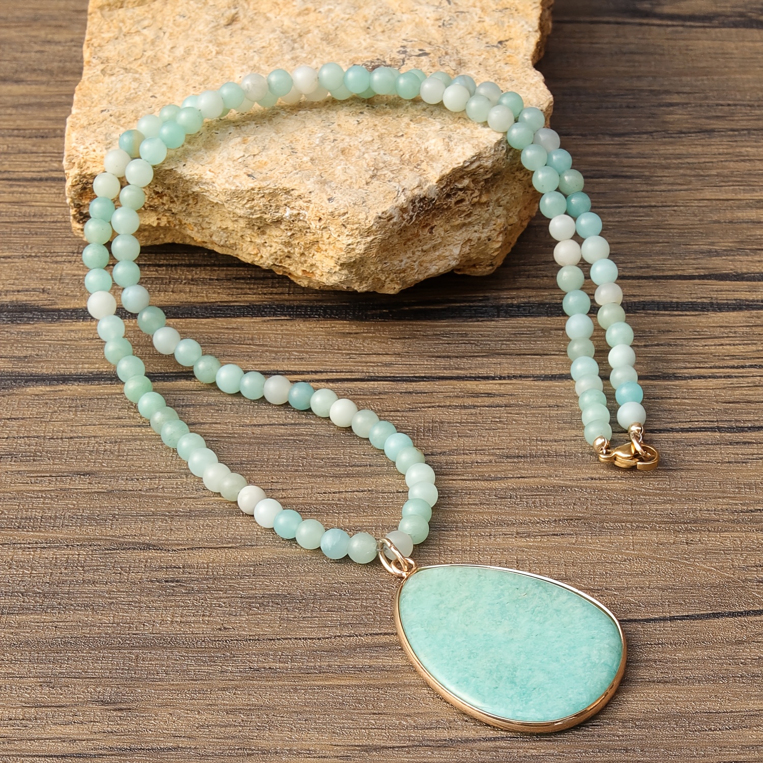 Amazonite Pendant Necklace with Golden-Tone Bezel