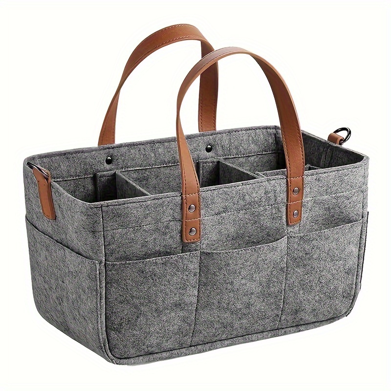 

Solid Pattern Felt Diaper Tote Bag With Removable Dividers, Pu Leather Handles, Adult Diaper Caddy Organizer For Travel And Baby Storage Basket