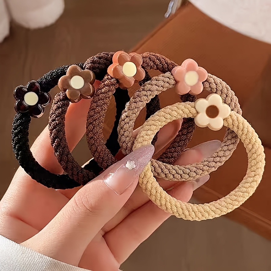 TEMU Ein Set aus 5 einfachen und süßen Blumen-Haargummis, hergestellt aus Materialien, mit floralen Dekorationen, gemischtfarbenen, , elastischen