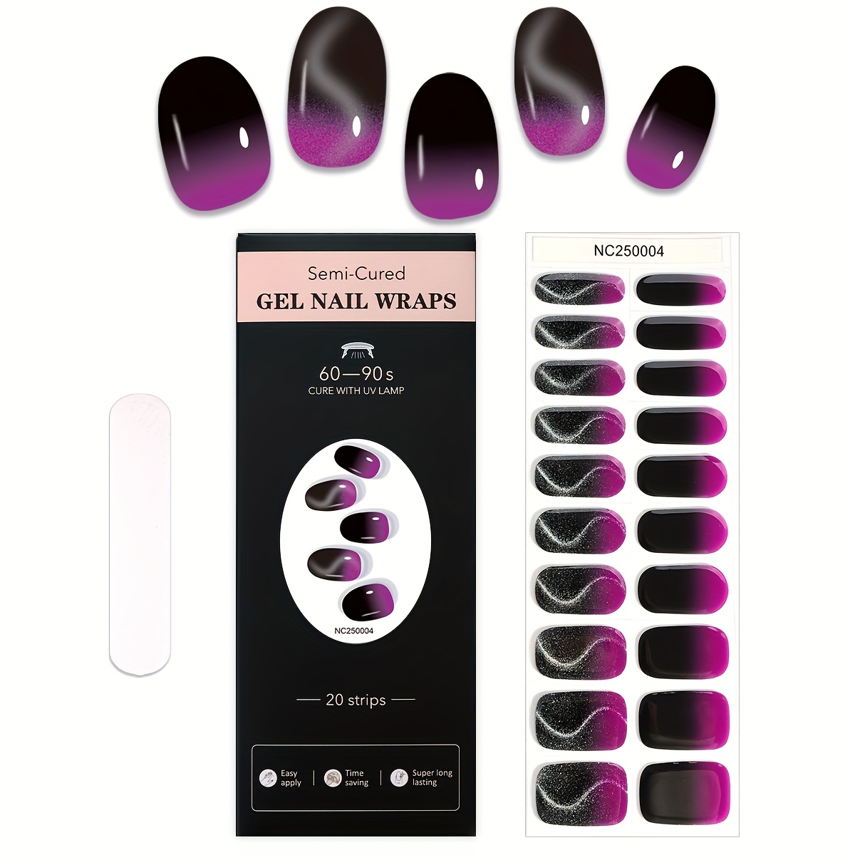 Image of 20pcs Semi-cured Gel Nail Wraps Set, Dark White Light Nail Stickers, Mysterious Purple And Black Gradient With Irregular Design, Exquisite White, Ladies And Party Essential Nail Supplies