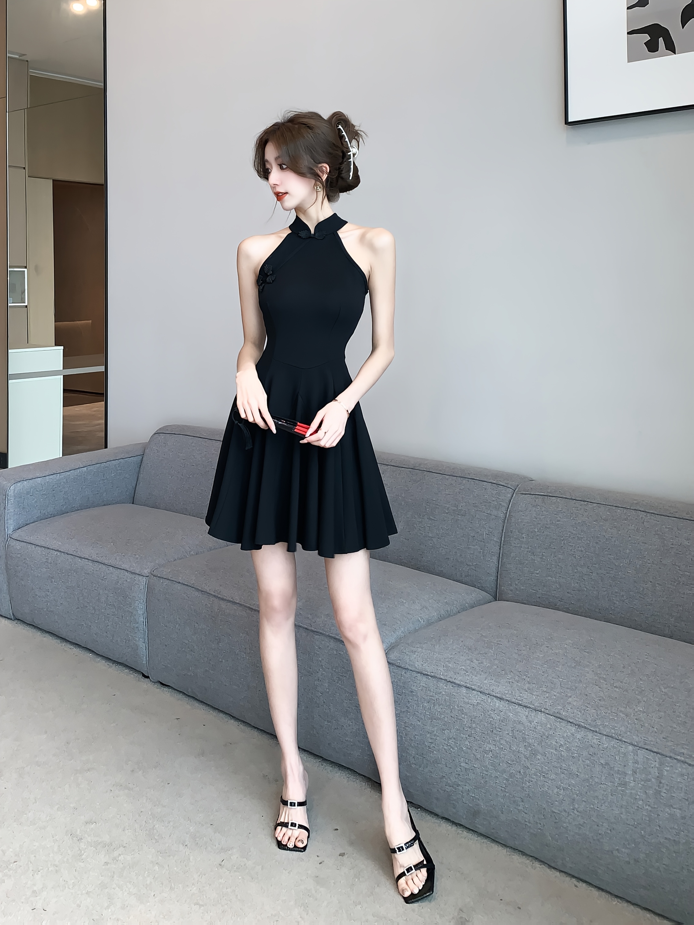 navy blue dress for baby girl HVEOO Women's Summer Sleeveless Ruched Waist Flowy A Line High Low Midi  Cocktail Dress Black Size L main image 0