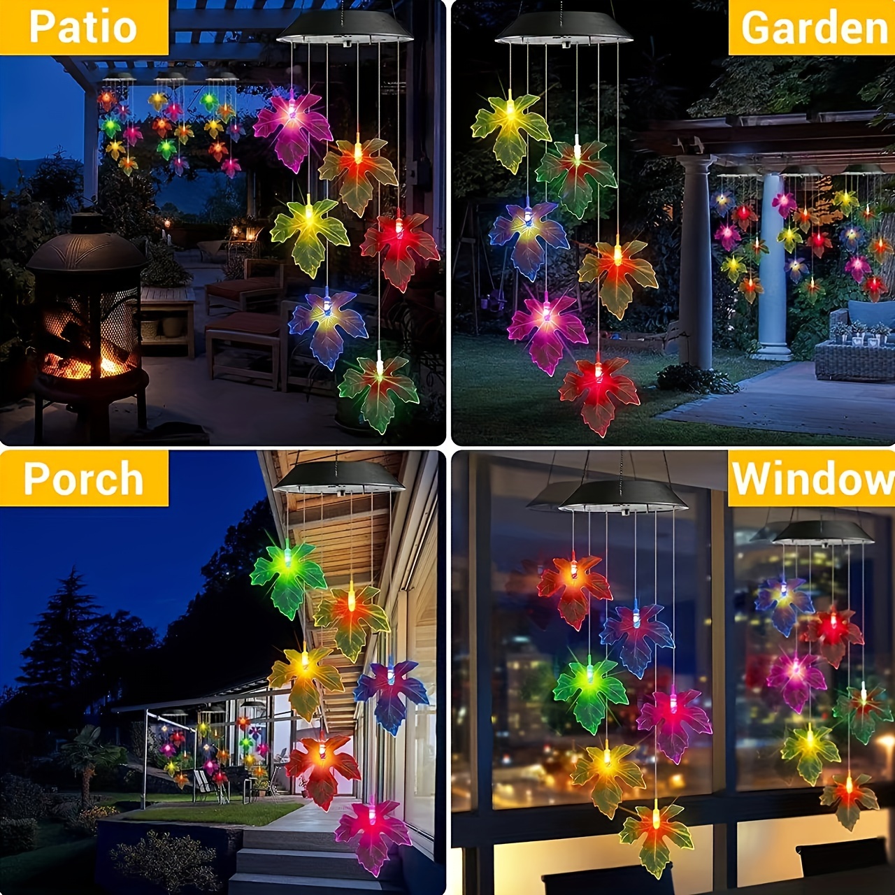 solar powered led maple leaf wind chime pendant lights energy   semi flush mount hanging lamp with 600mah nickel battery plastic shade detachable fixtures switch control no remote festive atmosphere lighting for   landscape details 4