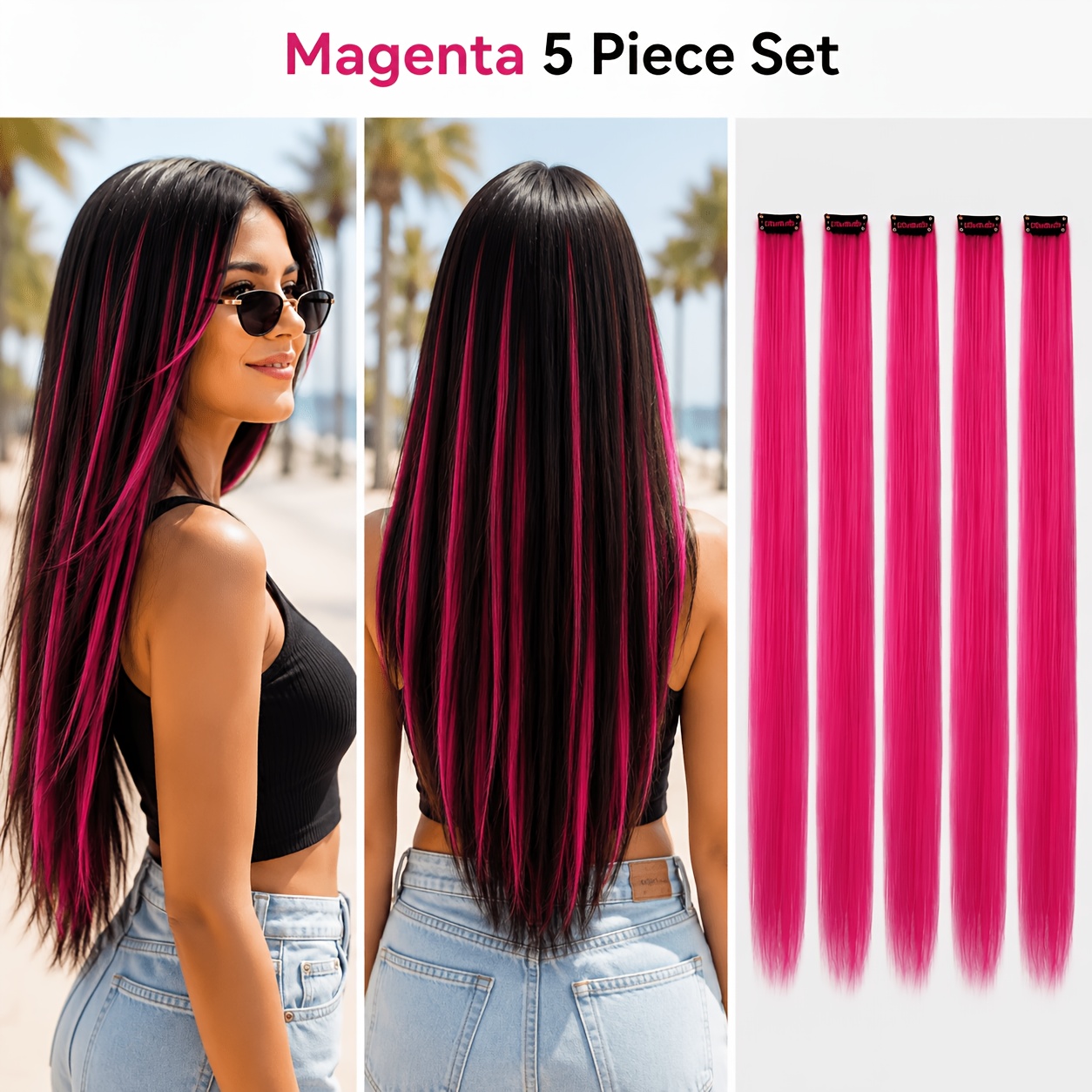 TEMU 5-delige magenta clip-in haarextensies geschikt voor direct volume, rechte highlight haarstukken met clip - toepassing voor dagelijks gebruik,