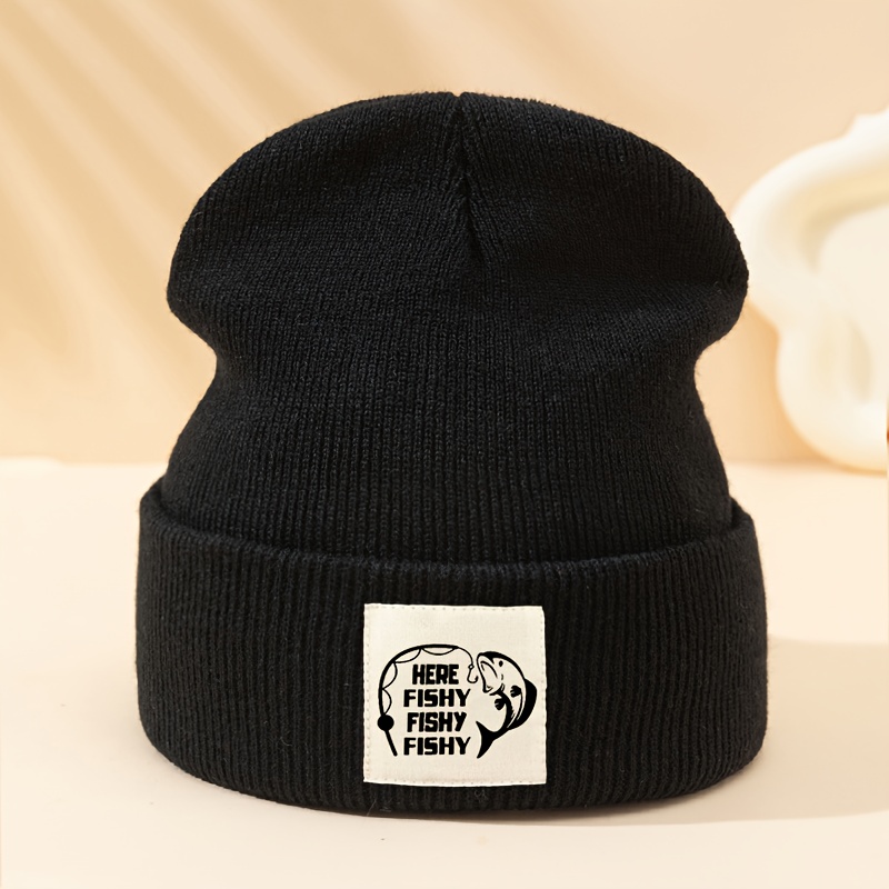 TEMU Bonnet en tricot avec étiquette en tissu imprimée "HERE ", bonnet pull unisexe pour la chaleur de et de l'hiver, casquette d'extérieur isolée