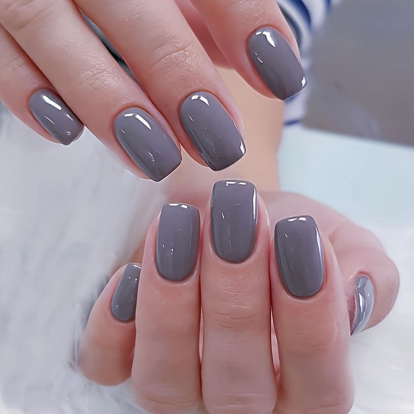 

24pcs Blue Grey Square Press On Nails, Short Square Fake Nails, Full Cover Glossy False Nails For Women And Girls