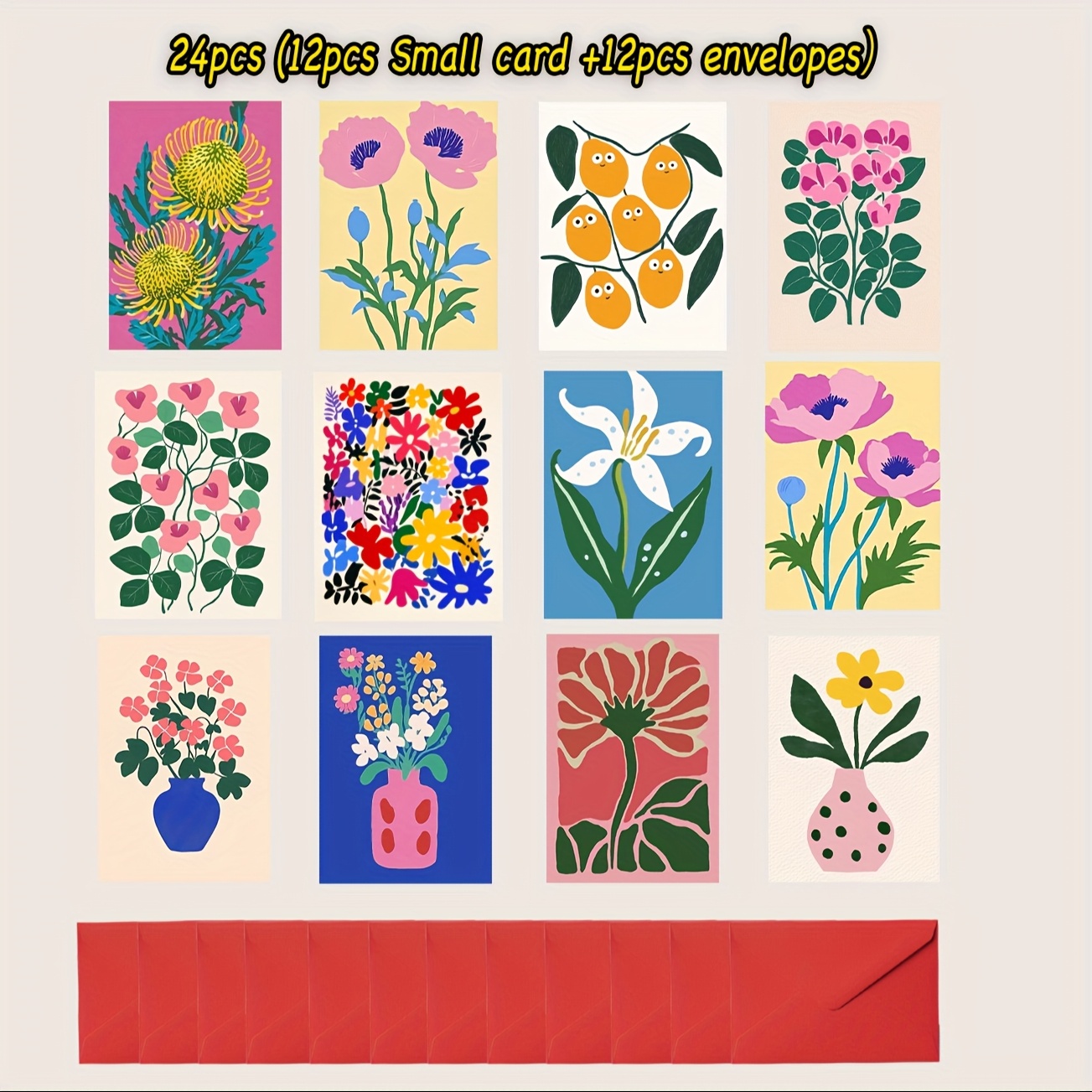 TEMU 24 cartes de vœux à thème floral - 12 cartes vierges + 12 enveloppes, parfaites pour des Mères, , les anniversaires, la Saint-Valentin, les