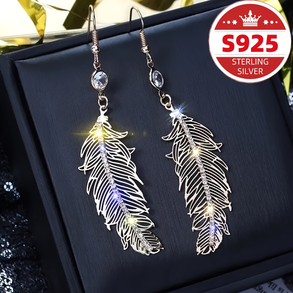 TEMU S925 Pure Long Feather Earrings, Crystal Pendant Earrings, Women's Wedding Engagement Earrings, Women's Jewelry, Christmas Gifts
