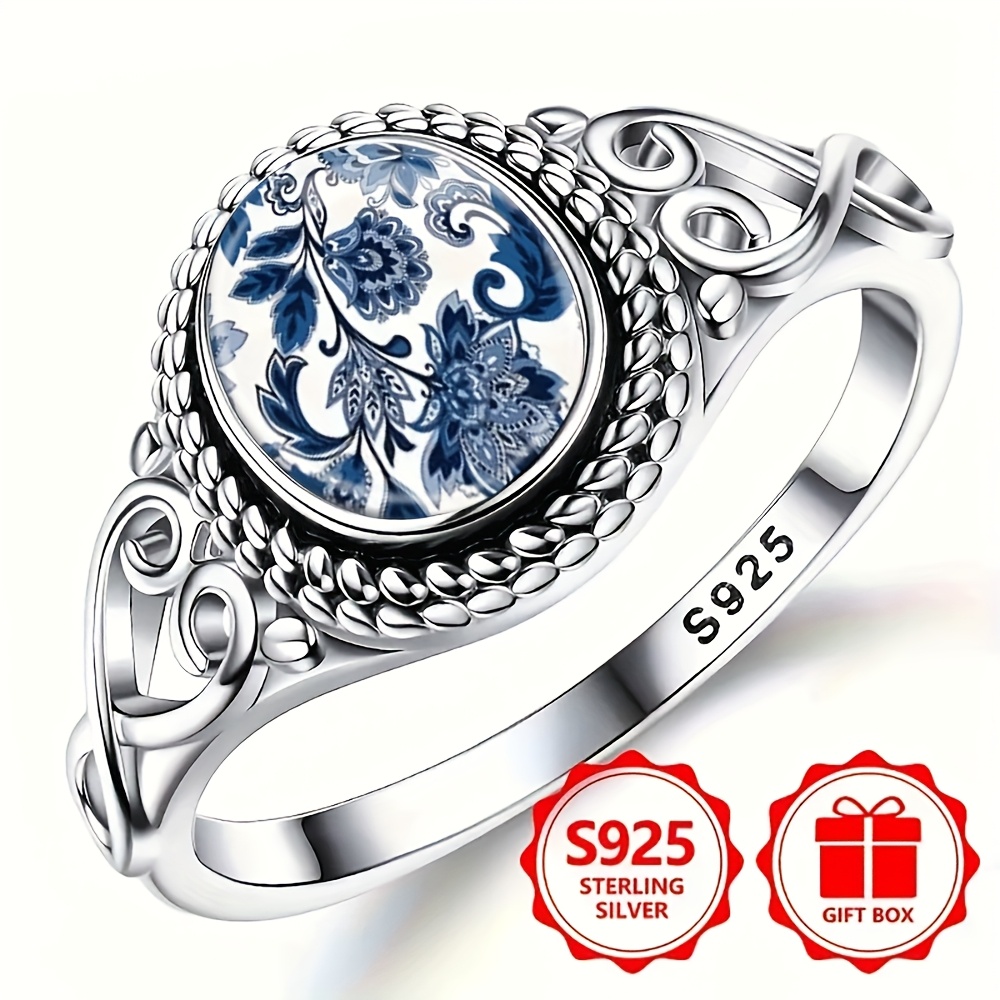 TEMU A Silvery Ring Featuring A Chic Blue And White , Perfect For Bohemian Engagement And Wedding Occasions, With An Oval Shape Suitable For Daily Wear, Making It A Versatile Gift For Any Season