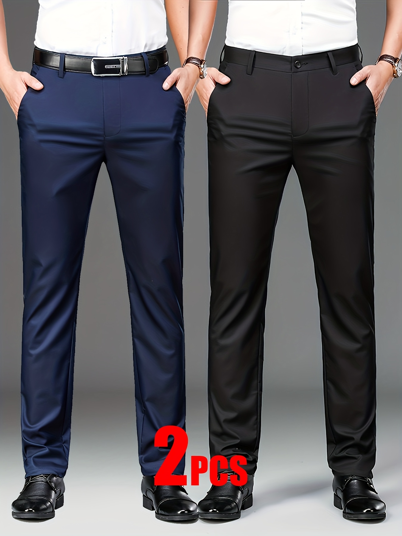 2pcs Men's Professional Business Stretch Dress Pants with Embroidery Design, Casual Loose-Fit Straight-Leg Suit Pants, Versatile Office Wear for Office Workers